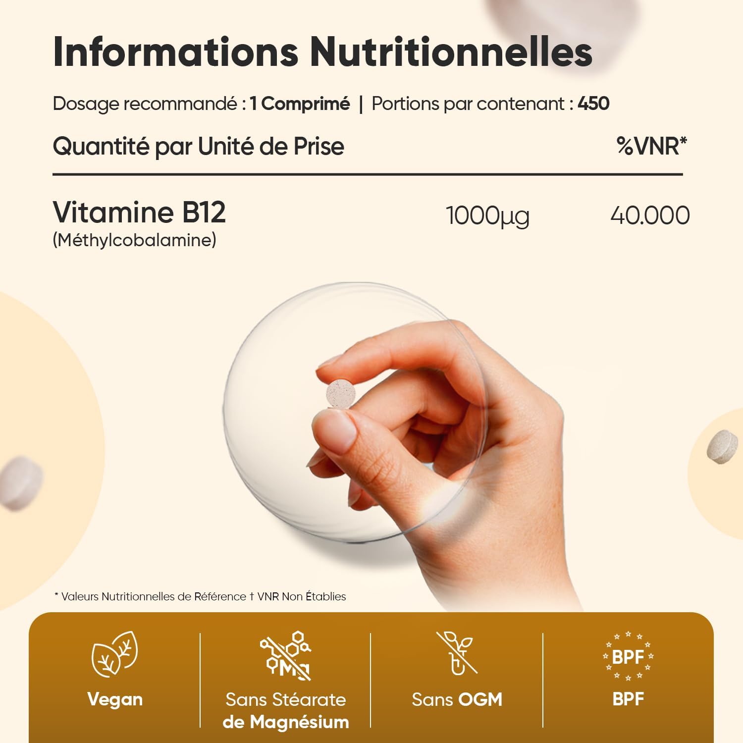 Vitamine B12 Vegan 1000mcg, 450 Micro Comprimés Méthylcobalamine Biodisponible - La vitamine B12 contribue à un métabolisme énergétique normal & au fonctionnement normal du système nerveux (EFSA)