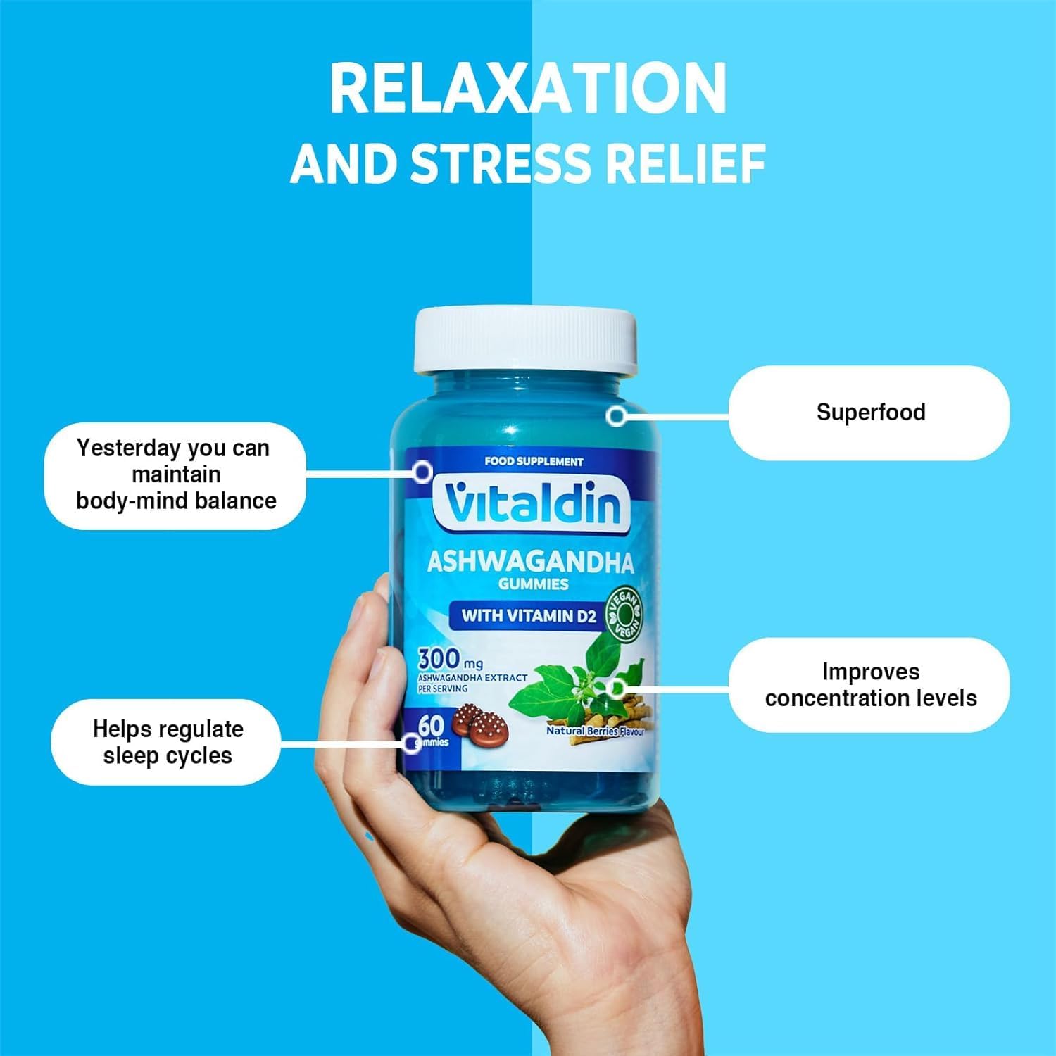 VITALDIN Ashwagandha Gummies – 300 mg d'extrait de Racine d'Ashwagandha KSM-66 & 1.000 UI Vitamine D2 – 60 gommes (pour 1 mois) Goût Fruits Rouges – Adaptogène Anti-stress; Calme et Relaxation – Vegan
