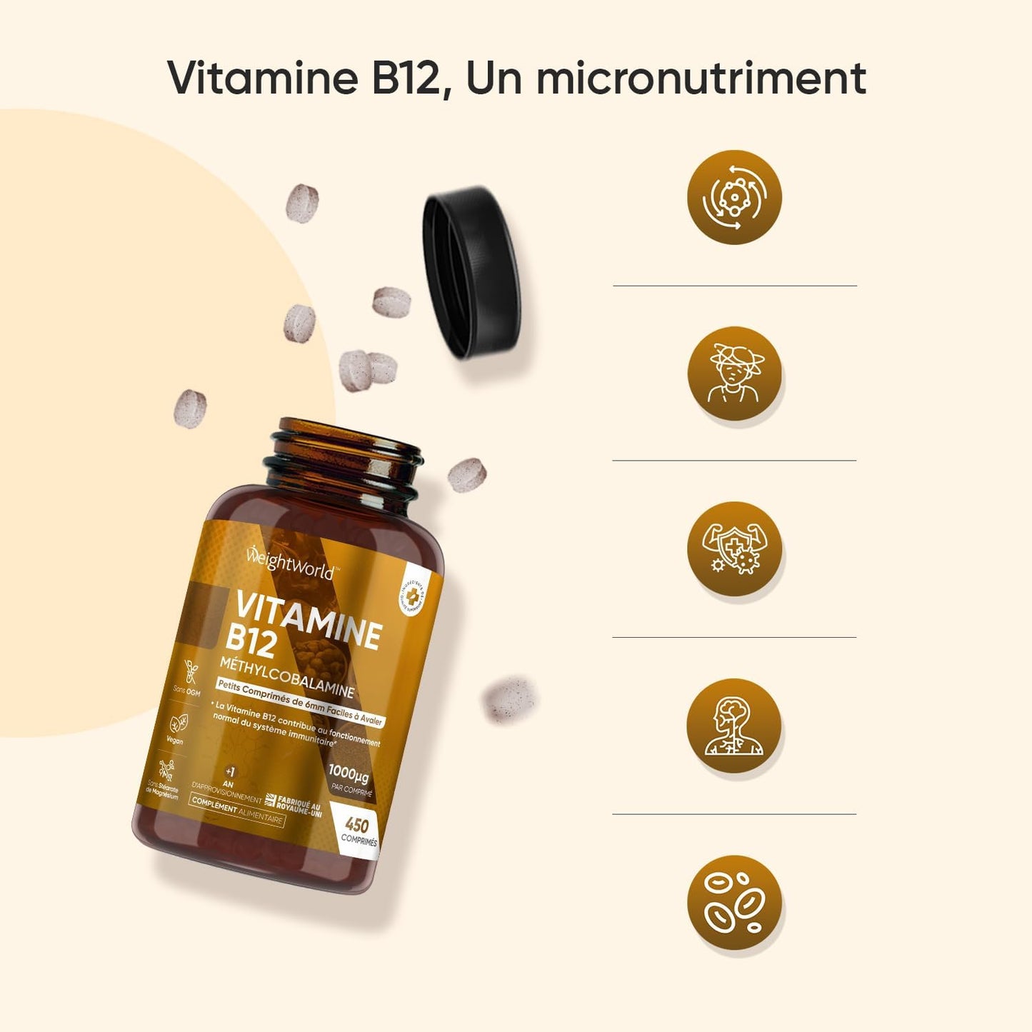 Vitamine B12 Vegan 1000mcg, 450 Micro Comprimés Méthylcobalamine Biodisponible - La vitamine B12 contribue à un métabolisme énergétique normal & au fonctionnement normal du système nerveux (EFSA)