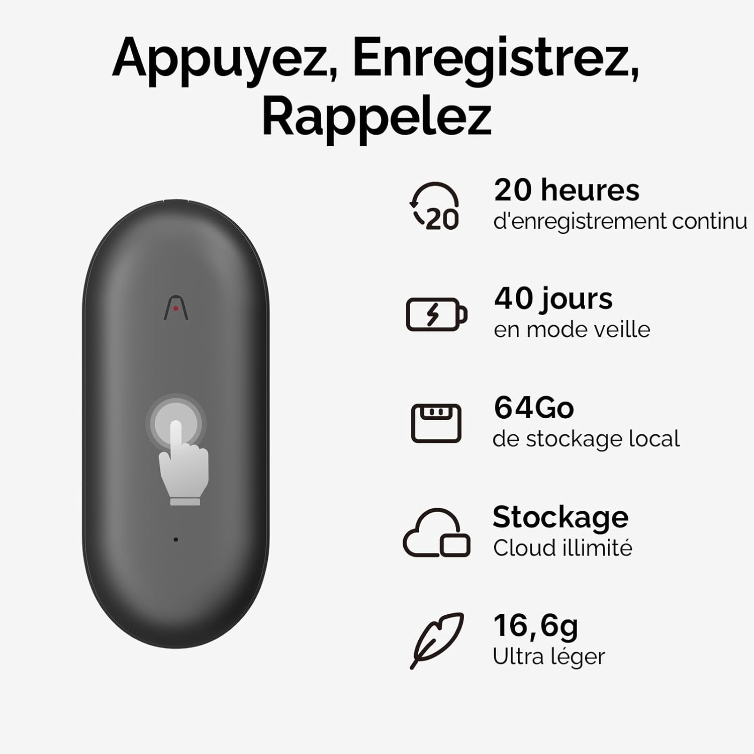 PLAUD NotePin Enregistreur Vocal IA, Contrôle par Application, Prise de Notes IA, Transcription & résumé IA, Compatible avec 112 Langues, Mémoire 64 Go, Enregistreur Audio pour Cours, Réunions, Gris