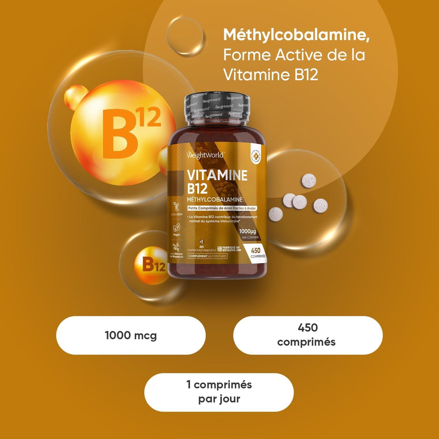 Vitamine B12 Vegan 1000mcg, 450 Micro Comprimés Méthylcobalamine Biodisponible - La vitamine B12 contribue à un métabolisme énergétique normal & au fonctionnement normal du système nerveux (EFSA)