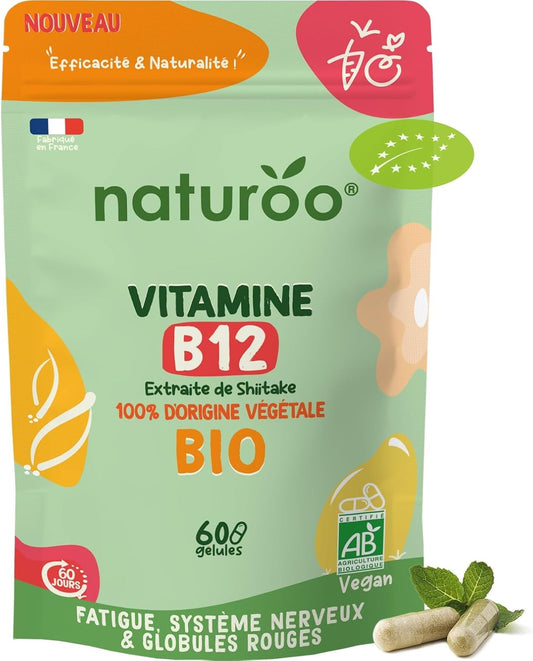 Vitamine B12 Bio | 60 gélules (2 mois) | 100% naturelle et végétale | Premium & Vegan | vitamin B 12 à 25 µg (1000% des AJR) | Extraits de Shiitake et fibre d'acacia bio | B-12 pour Hommes et Femmes