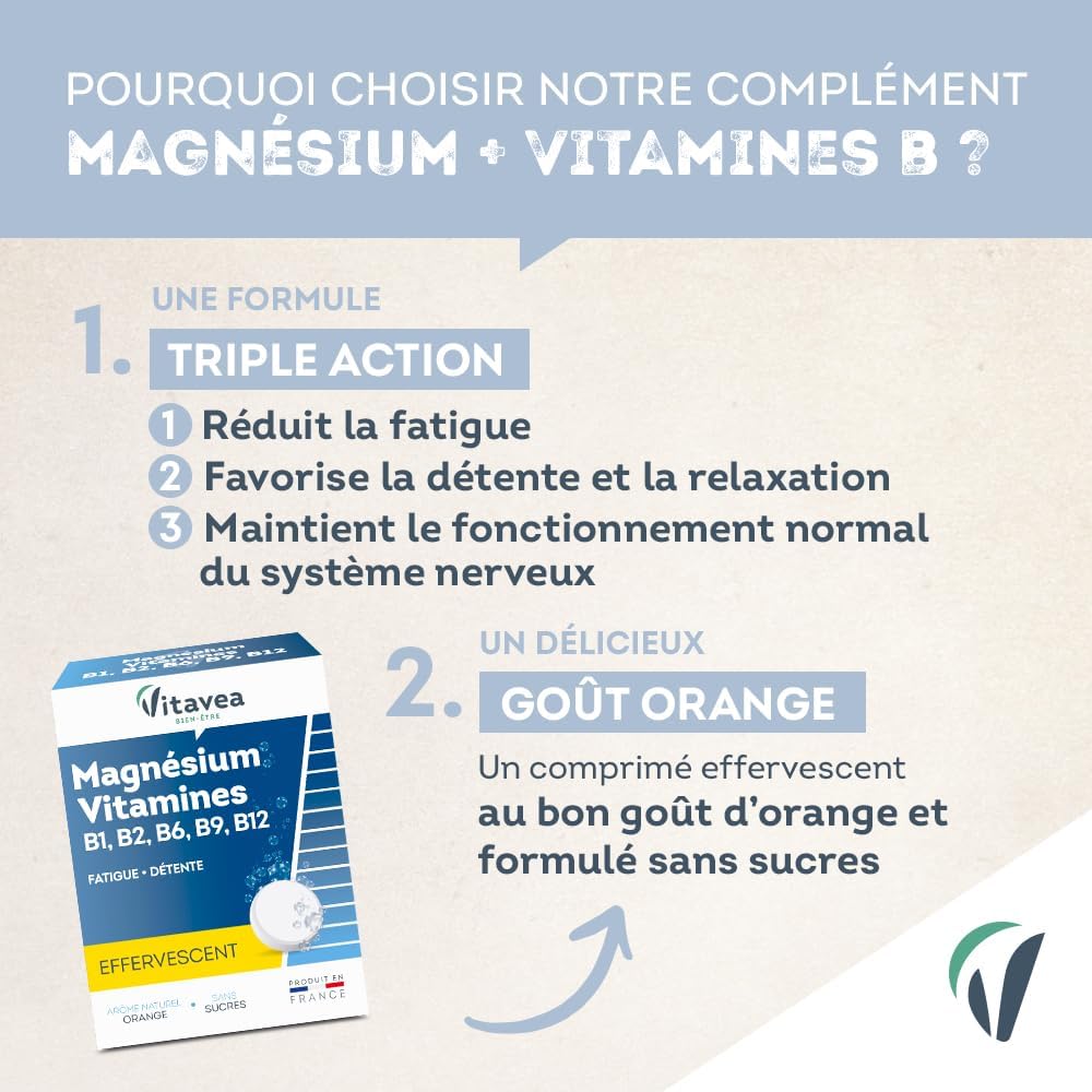 VITAVEA BIEN-ETRE - Magnésium - Vitamines B1. B2. B6. B9. B12 - Réduction de la Fatigue - Détente et Relaxation - 24 Comprimés Effervescents - Fabriqué en France