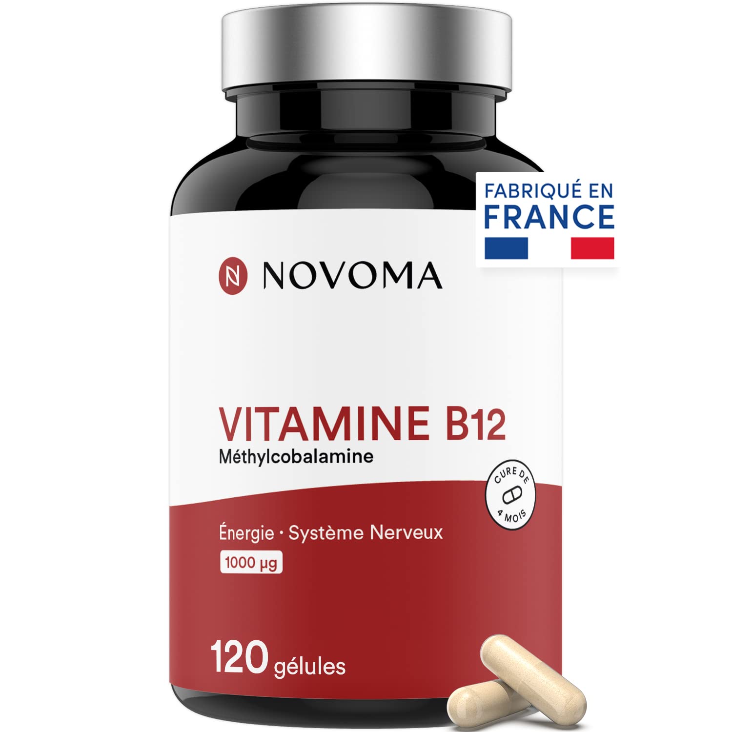 Vitamine B12 1000 µg Vegan, Cure de 2 mois, Réduit la Fatigue & Soutient le Système Nerveux, 60 Gélules Végétales, 100% Méthylcobalamine Pure, Fabriqué en France, Essentials by Novoma