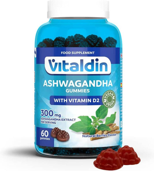 VITALDIN Ashwagandha Gummies – 300 mg d'extrait de Racine d'Ashwagandha KSM-66 & 1.000 UI Vitamine D2 – 60 gommes (pour 1 mois) Goût Fruits Rouges – Adaptogène Anti-stress; Calme et Relaxation – Vegan