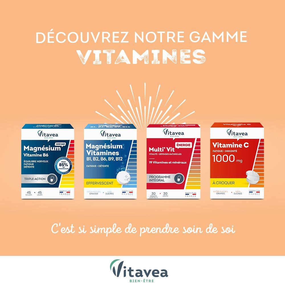 VITAVEA BIEN-ETRE - Magnésium - Vitamines B1. B2. B6. B9. B12 - Réduction de la Fatigue - Détente et Relaxation - 24 Comprimés Effervescents - Fabriqué en France