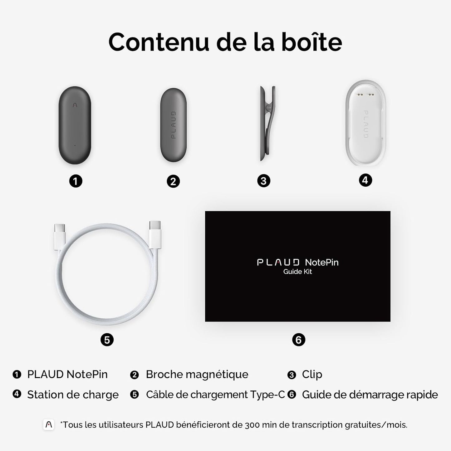 PLAUD NotePin Enregistreur Vocal IA, Contrôle par Application, Prise de Notes IA, Transcription & résumé IA, Compatible avec 112 Langues, Mémoire 64 Go, Enregistreur Audio pour Cours, Réunions, Gris