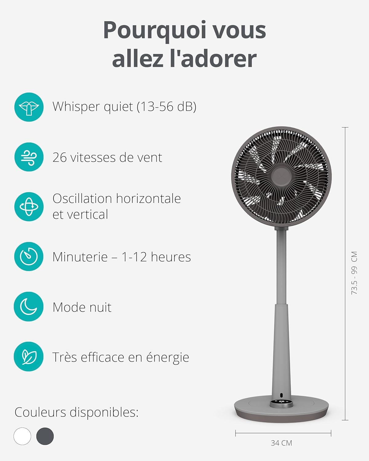 Duux Whisper 2 Gris - Ventilateur silencieux sur pied - Ventilateur sur pied avec télécommande, Minuterie et 26 vitesses - Hauteur réglable 73-95 cm - Oscillation automatique