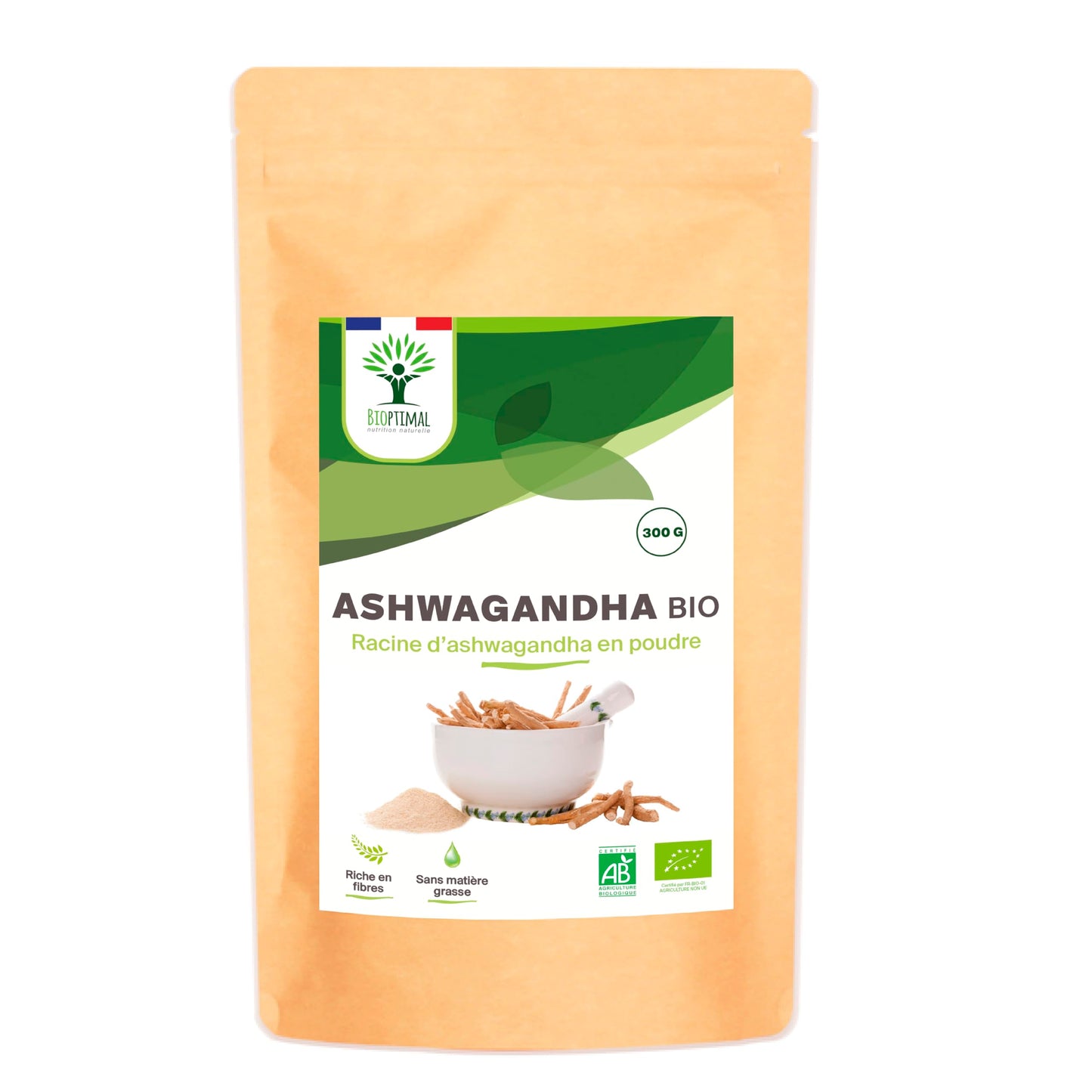 Bioptimal - Racines d'Ashwagandha Indien Bio en Poudre - Withania Somnifera 100% Pur - Sommeil Anti-Stress Libido Adaptogène - Contrôlé et Conditionné en France - Certifié Ecocert - 100g