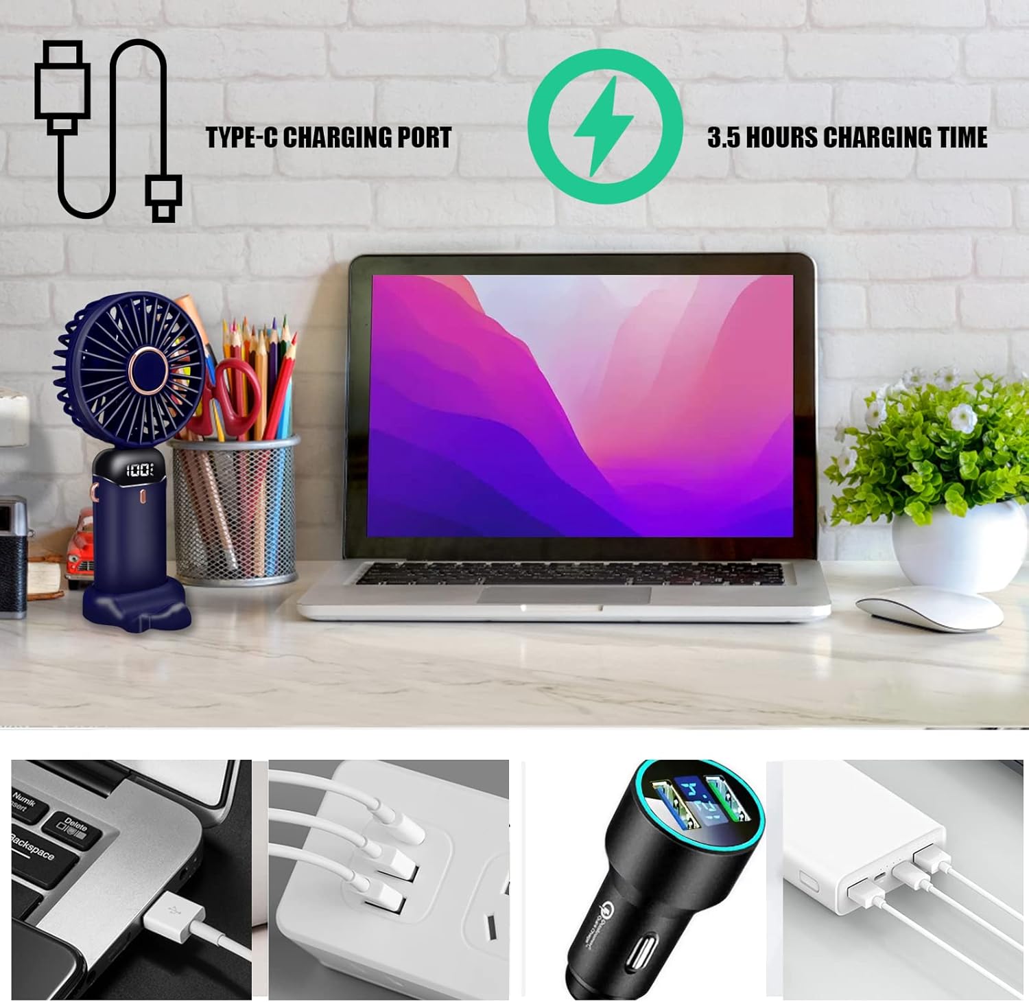 Jsdoin Mini Ventilateur à Main USB Portatif Portable Ventilateur De Bureau, Petit Ventilateur de Poche 5 Vitesses Avec Base, Ventilateur de Bureau Pliable Pour Bureau, Extérieur(Bleu foncé)