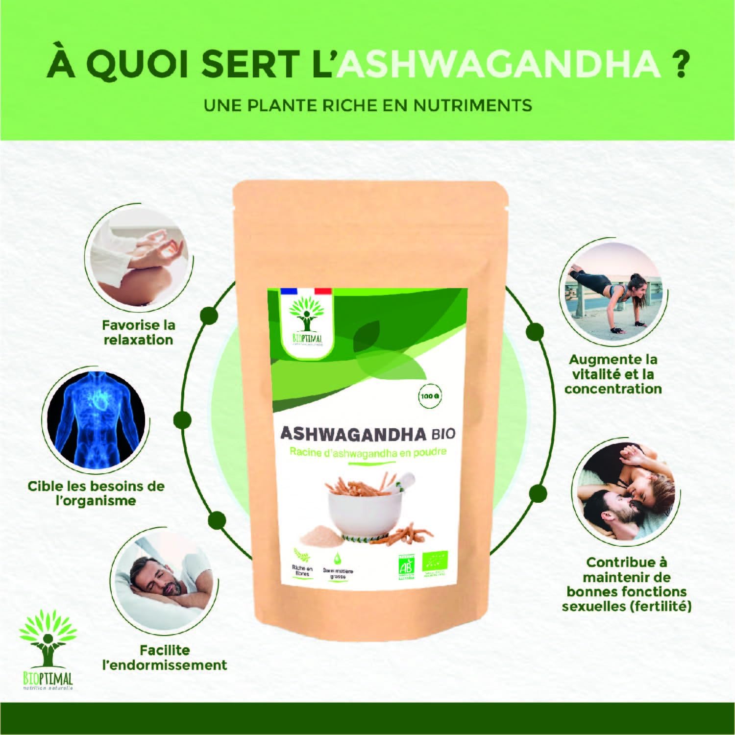 Bioptimal - Racines d'Ashwagandha Indien Bio en Poudre - Withania Somnifera 100% Pur - Sommeil Anti-Stress Libido Adaptogène - Contrôlé et Conditionné en France - Certifié Ecocert - 100g