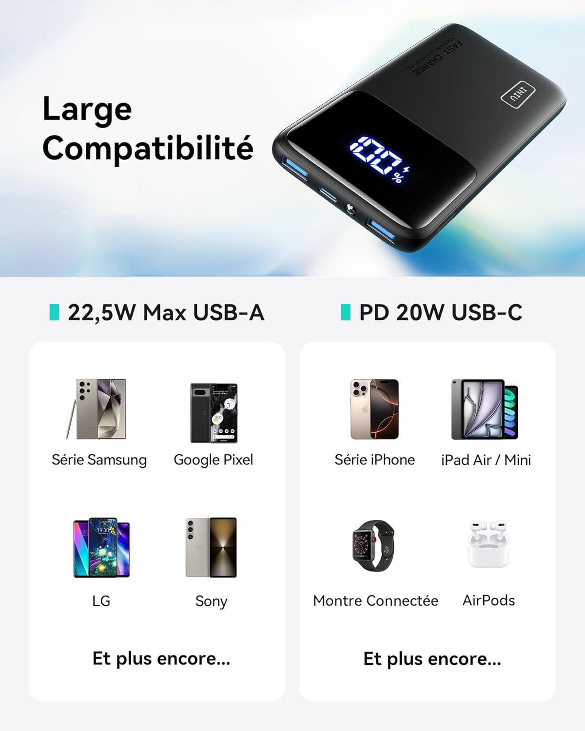 INIU Batterie Externe, 22.5W 10000mAh Power Bank, Batterie Portable USB C Input & Output PD3.0 QC4.0 Charge Rapide Powerbank Compatible avec iPhone 16 15 14 13 12 Pro Max Plus Samsung iPad Pro etc