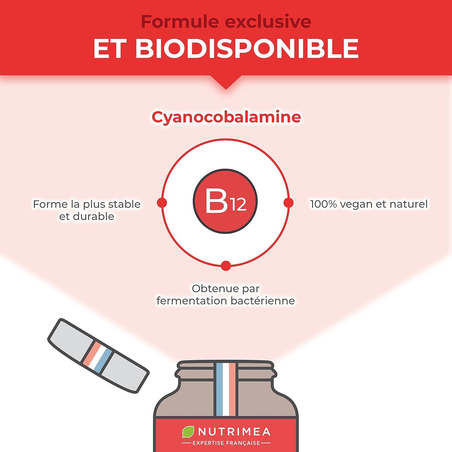 Vitamine B12 Pure - Adapté aux Végétariens et Vegan - 1000 µg de Cyanocobalamine - Fonctions Vitales, Système Nerveux & Immunité - 60 Gélules - Nutrimea - Fabrication Française