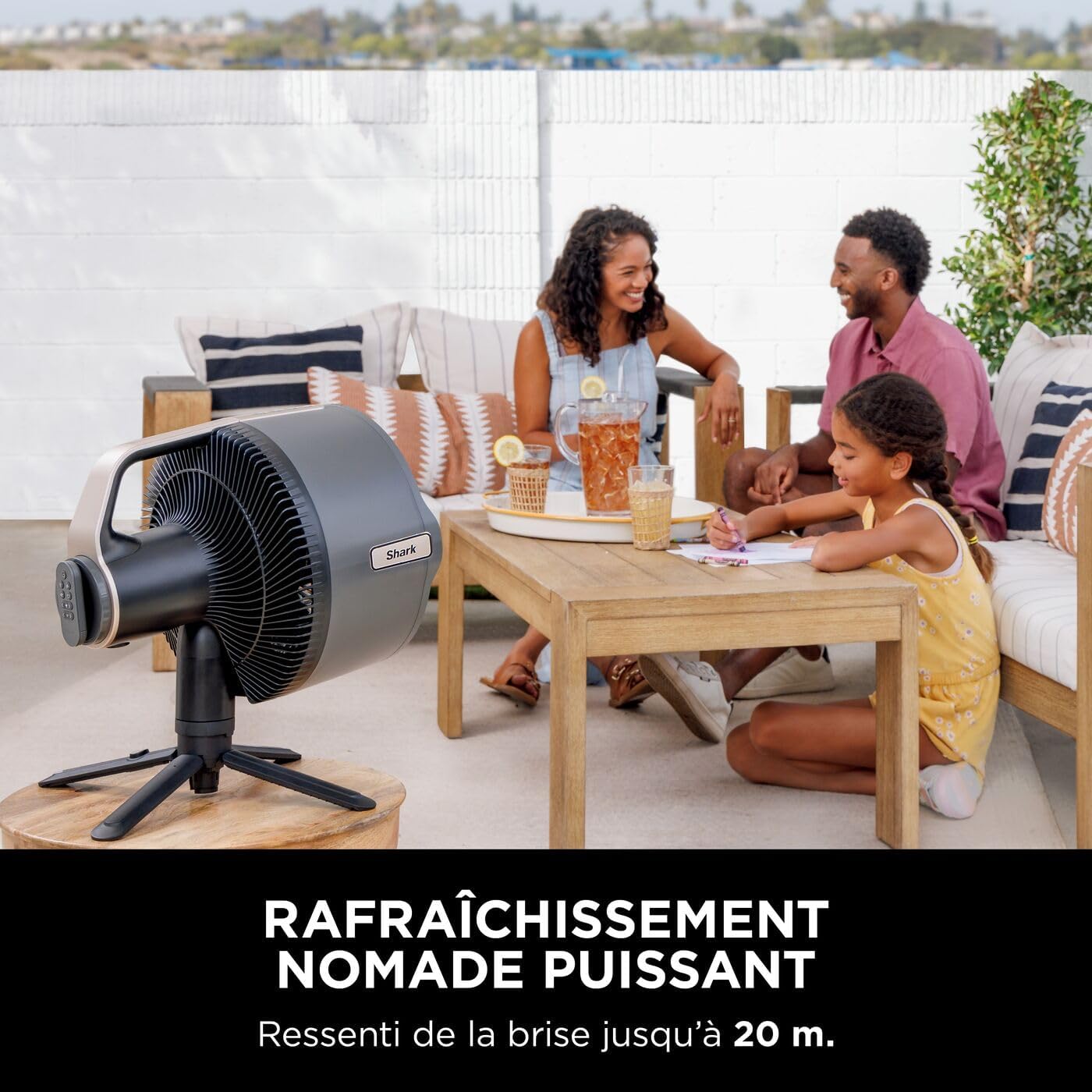 Shark FlexBreeze Pro Mist Ventilateur intérieur/extérieur sans fil, Brumisateur portable, Portée 20 m, Sur pied ou de table, 5 vitesses, Silencieux, Télécommande, Gris Charbon FA300EU