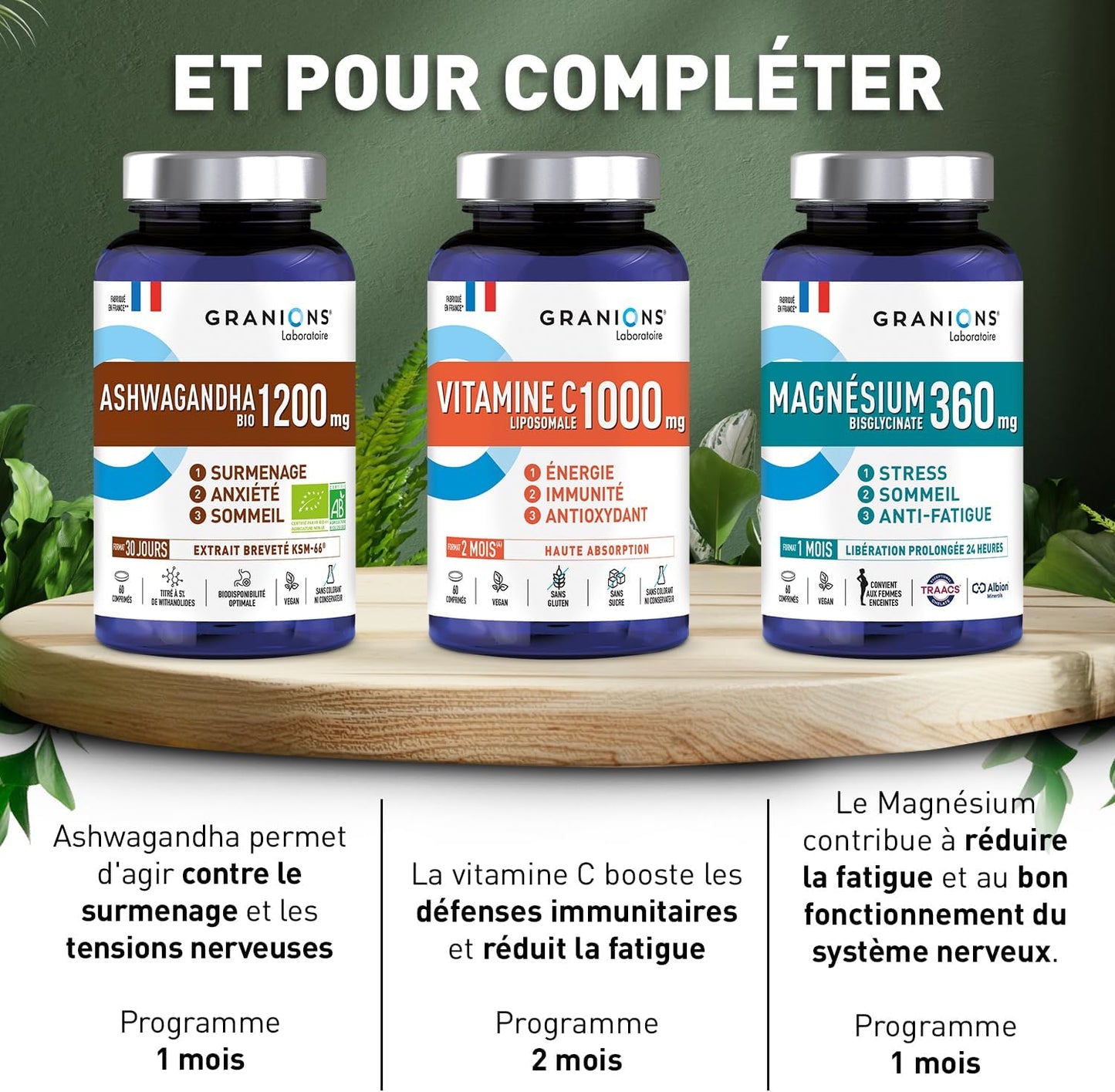 ASHWAGANDHA BIO 1200 MG GRANIONS 30 Jours - Ashwagandha KSM-66 + 5% Withanolides -Ashwagandha Bio Anti Stress Adulte, Sommeil Adulte, Immunité, Vegan - 60 comprimés - Fabriqué en France
