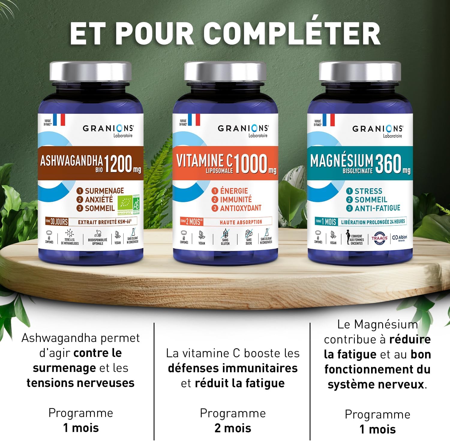 ASHWAGANDHA BIO 1200 MG GRANIONS 30 Jours - Ashwagandha KSM-66 + 5% Withanolides -Ashwagandha Bio Anti Stress Adulte, Sommeil Adulte, Immunité, Vegan - 60 comprimés - Fabriqué en France