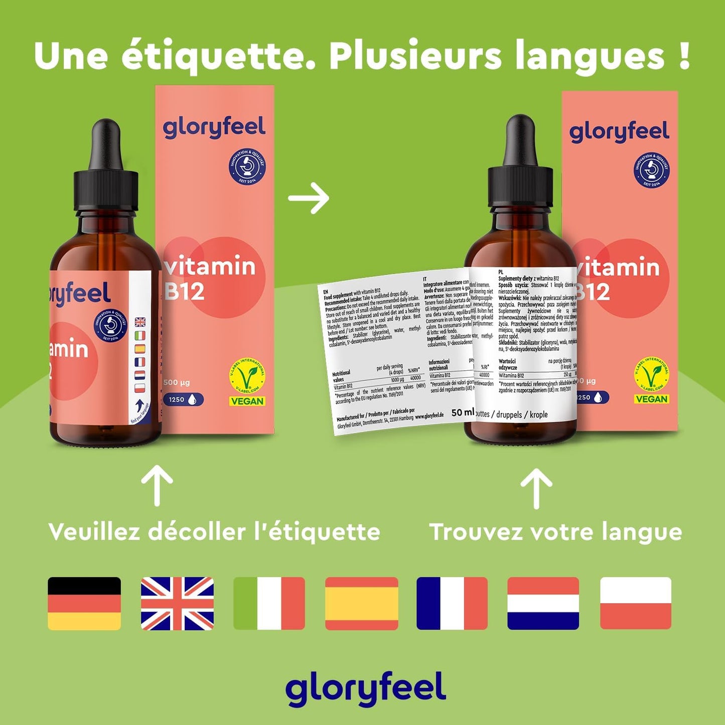 Vitamine B12 en Gouttes 50 ml (1250 Gouttes), Vitamin B12 1000 μg, 50ml, 2 Formes Actives Méthylcobalamine & Adénosylcobalamine, Absorption Efficace, Testé en Laboratoire, 100% Végane et Sans Alcool
