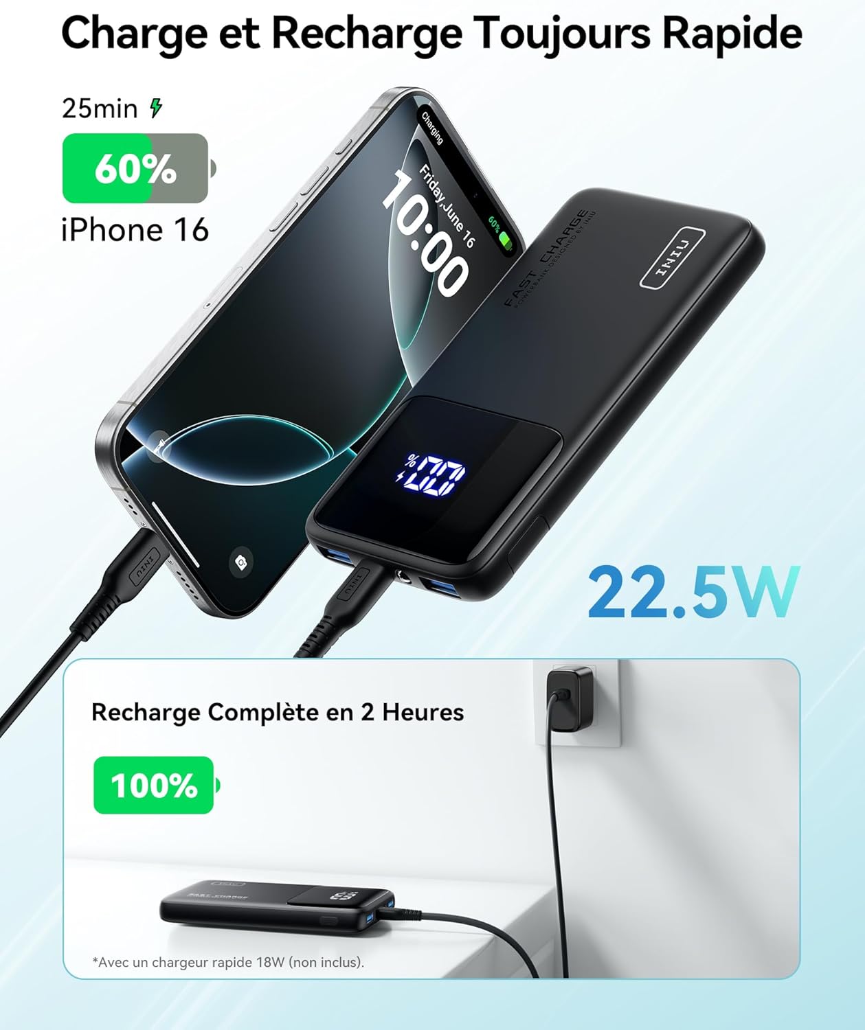 INIU Batterie Externe, 22.5W 10000mAh Power Bank, Batterie Portable USB C Input & Output PD3.0 QC4.0 Charge Rapide Powerbank Compatible avec iPhone 16 15 14 13 12 Pro Max Plus Samsung iPad Pro etc