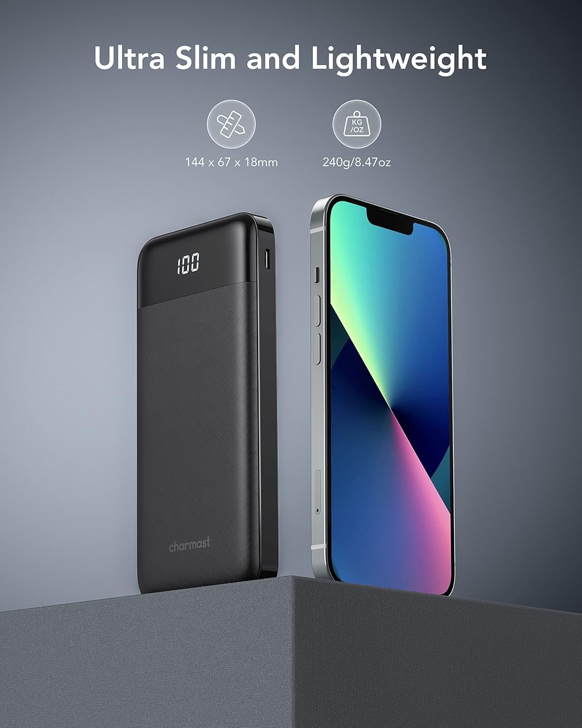 Charmast Batterie Externe 10000mAh avec 4 Câbles Intégrés Batterie Portable USB C Mince Power Bank avec 6 Sorties et 3 Entrées pour iPhone 12 13 11 Samsung S21 S22