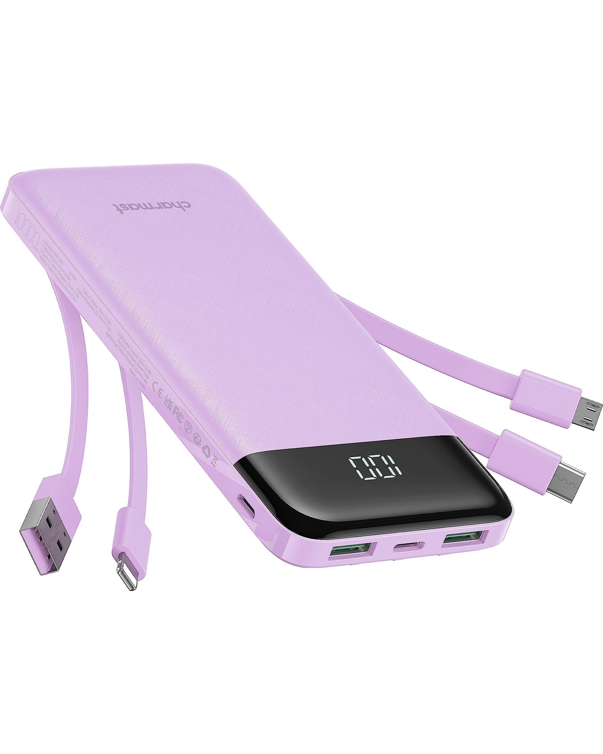 Charmast Batterie Externe 10000mAh avec 4 Câbles Intégrés Batterie Portable USB C Mince Power Bank avec 6 Sorties et 3 Entrées pour iPhone 12 13 11 Samsung S21 S22