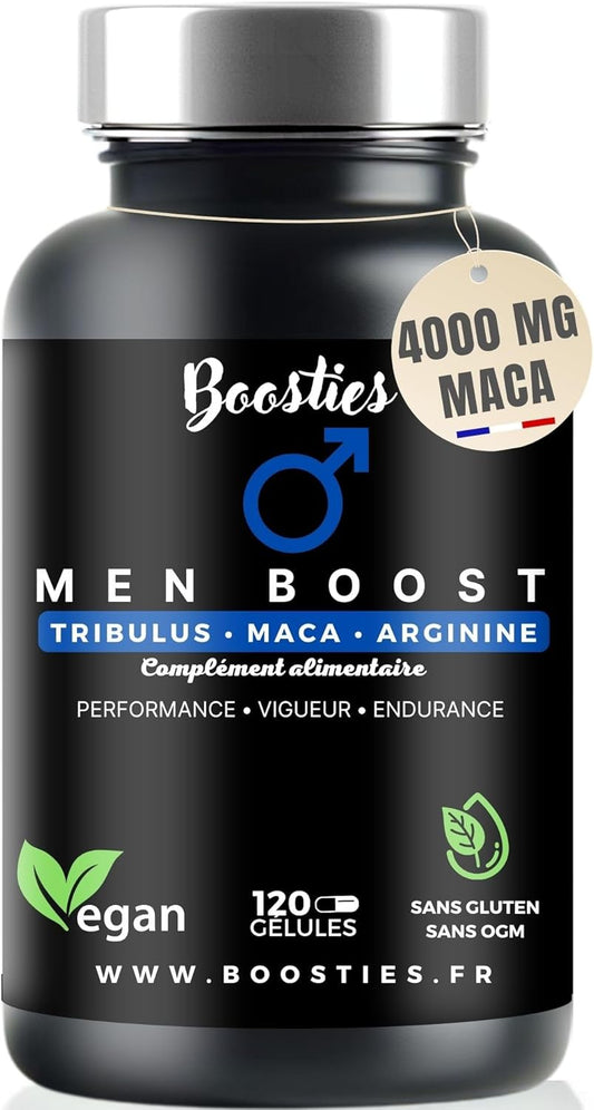 Maca noire, 4000 mg extra-fort, Tribulus terrestris, Arginine, Citrulline, Zinc, vitamin B12, Cuivre, Sélénium, Performance, Endurance, Vigueur, 120 gélules, Boosties