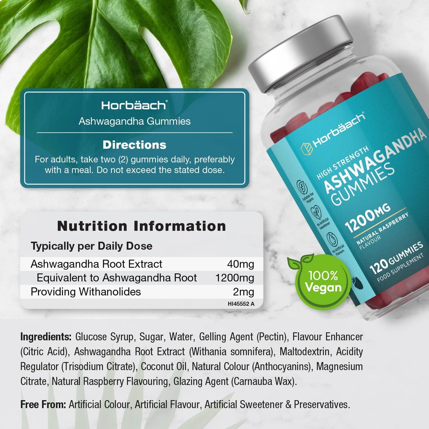 Ashwagandha Gummies 1200mg | 120 Vegan Gummies Saveur Framboise | pour 2 Mois | Extrait Ashwagandha Withania Somnifera | par Horbaach