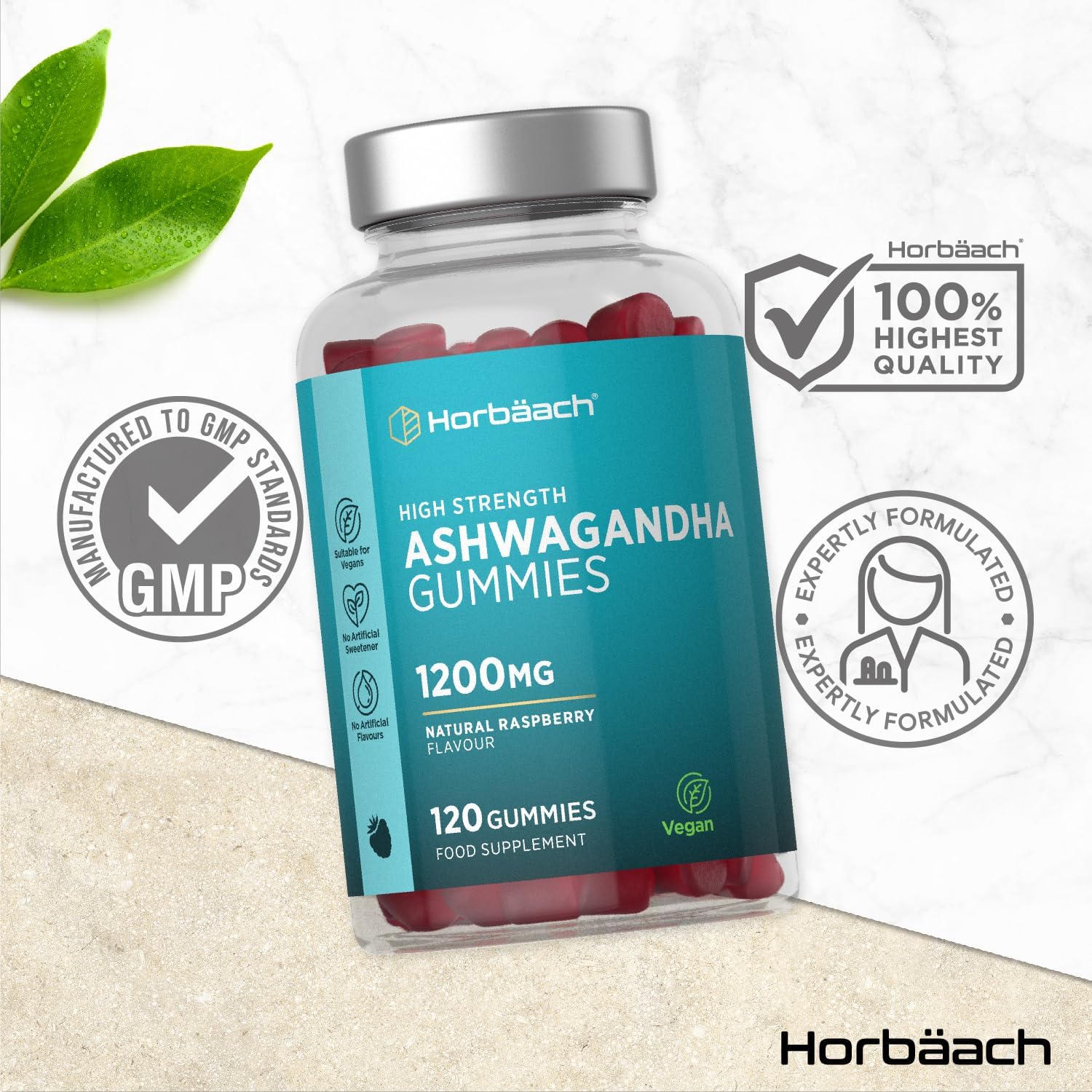 Ashwagandha Gummies 1200mg | 120 Vegan Gummies Saveur Framboise | pour 2 Mois | Extrait Ashwagandha Withania Somnifera | par Horbaach