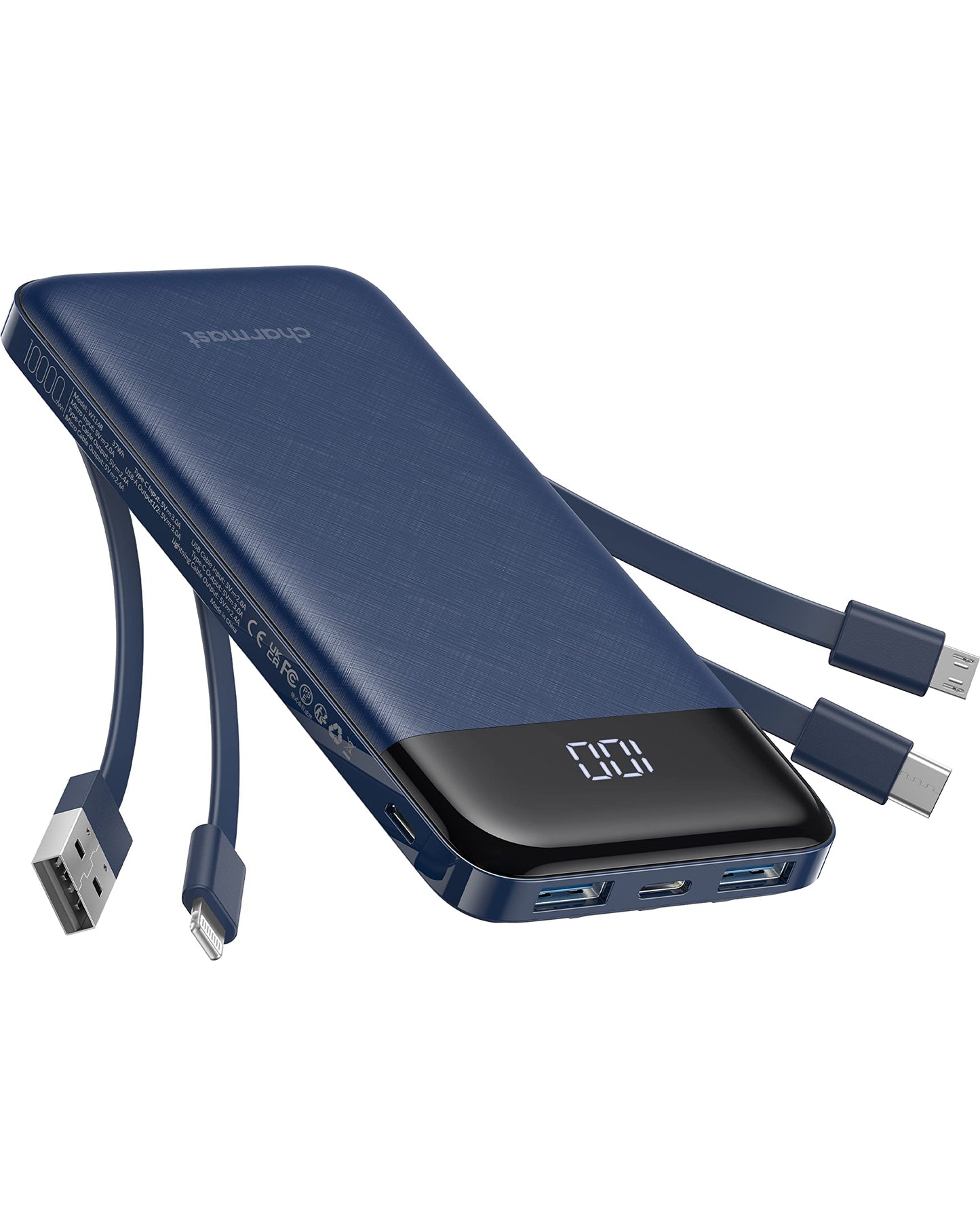 Charmast Batterie Externe 10000mAh avec 4 Câbles Intégrés Batterie Portable USB C Mince Power Bank avec 6 Sorties et 3 Entrées pour iPhone 12 13 11 Samsung S21 S22