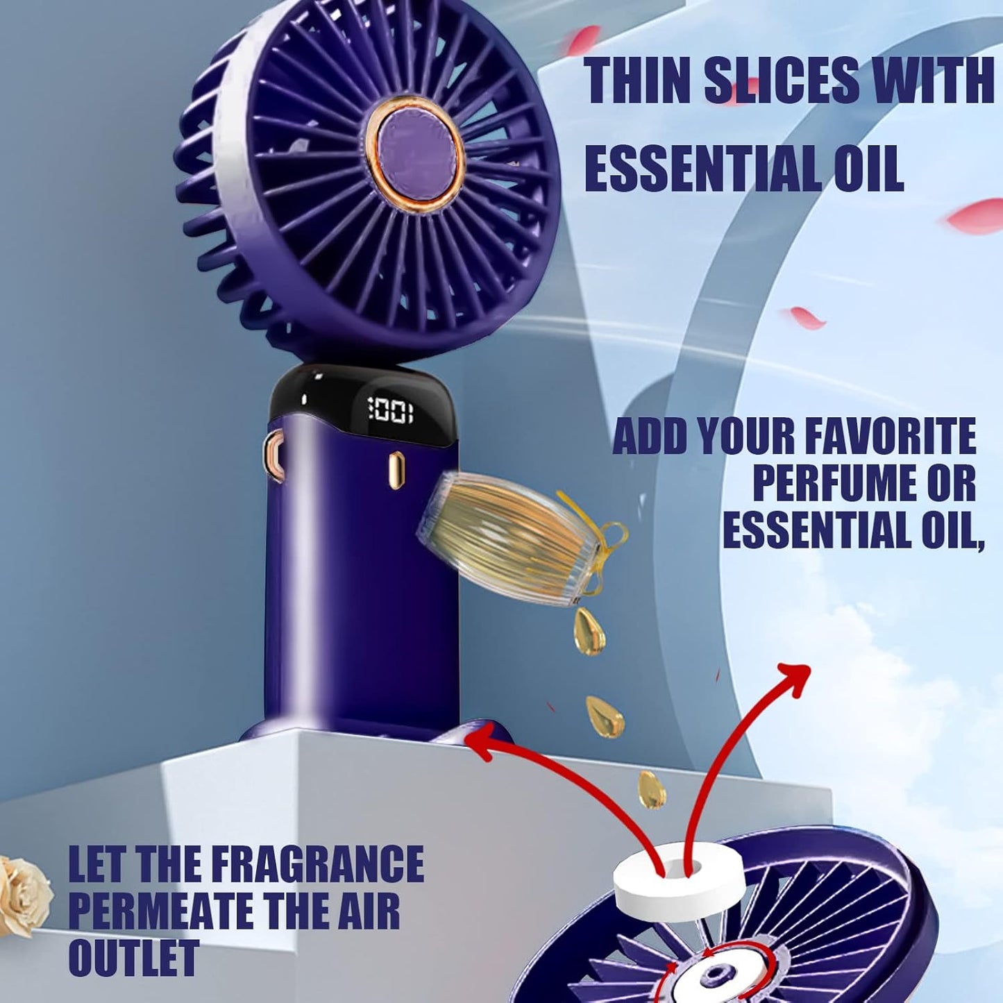 Jsdoin Mini Ventilateur à Main USB Portatif Portable Ventilateur De Bureau, Petit Ventilateur de Poche 5 Vitesses Avec Base, Ventilateur de Bureau Pliable Pour Bureau, Extérieur(Bleu foncé)