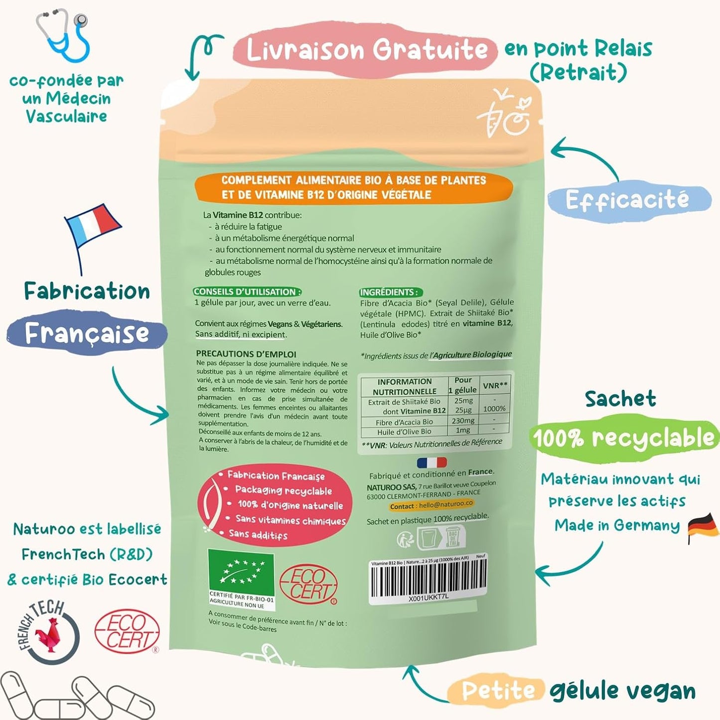 Vitamine B12 Bio | 60 gélules (2 mois) | 100% naturelle et végétale | Premium & Vegan | vitamin B 12 à 25 µg (1000% des AJR) | Extraits de Shiitake et fibre d'acacia bio | B-12 pour Hommes et Femmes