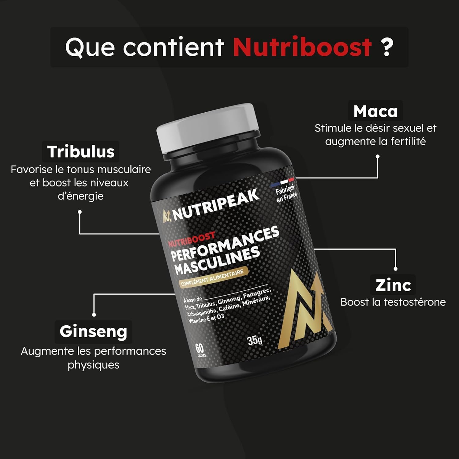 TESTOSTERONE HOMME Concentré pour Performance Masculine | Action COMPLÈTE - 100% Naturel | Tribulus terrestris - Ashwagandha - Fenugrec - Ginseng & Zinc caféiné | Fabriqué en France