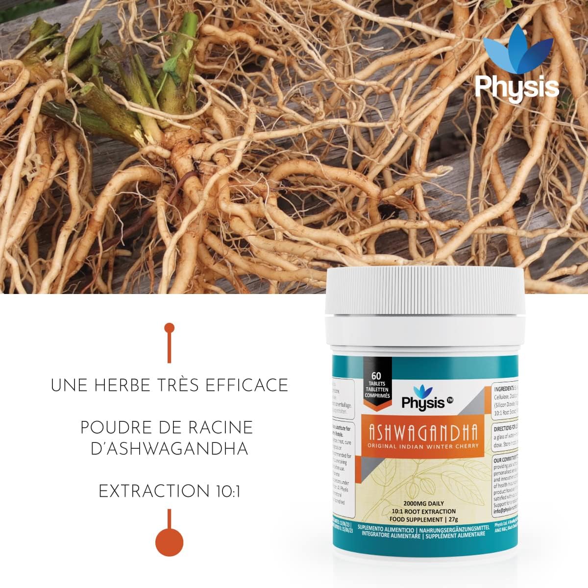 Comprimés Physis Ashwagandha | 60 comprimés | 2000mg haute résistance | Supplément d'extrait de racine Ashwagandha Pure KSM 66 | Soutient le corps et la cognition | Végétalien