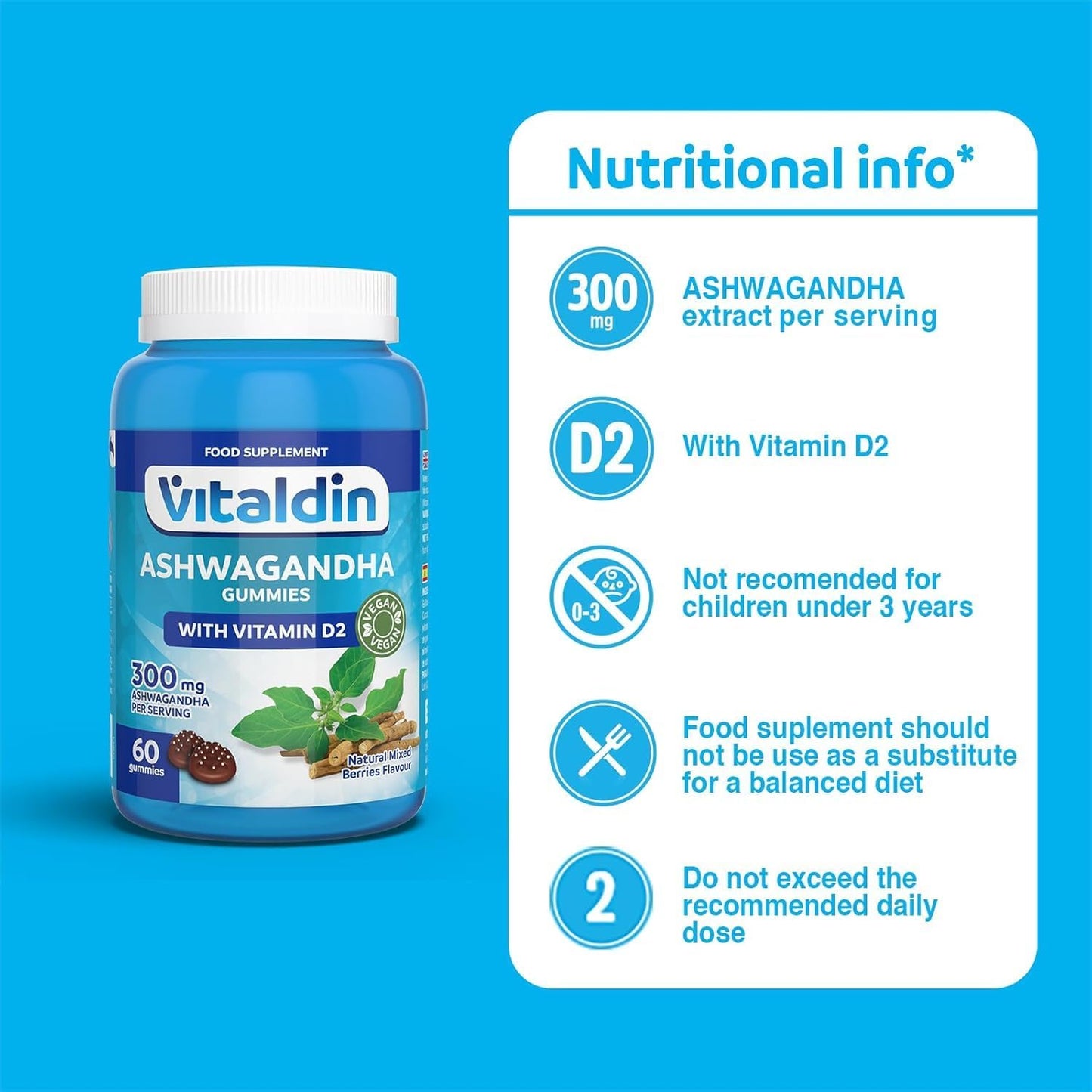 VITALDIN Ashwagandha Gummies – 300 mg d'extrait de Racine d'Ashwagandha KSM-66 & 1.000 UI Vitamine D2 – 60 gommes (pour 1 mois) Goût Fruits Rouges – Adaptogène Anti-stress; Calme et Relaxation – Vegan
