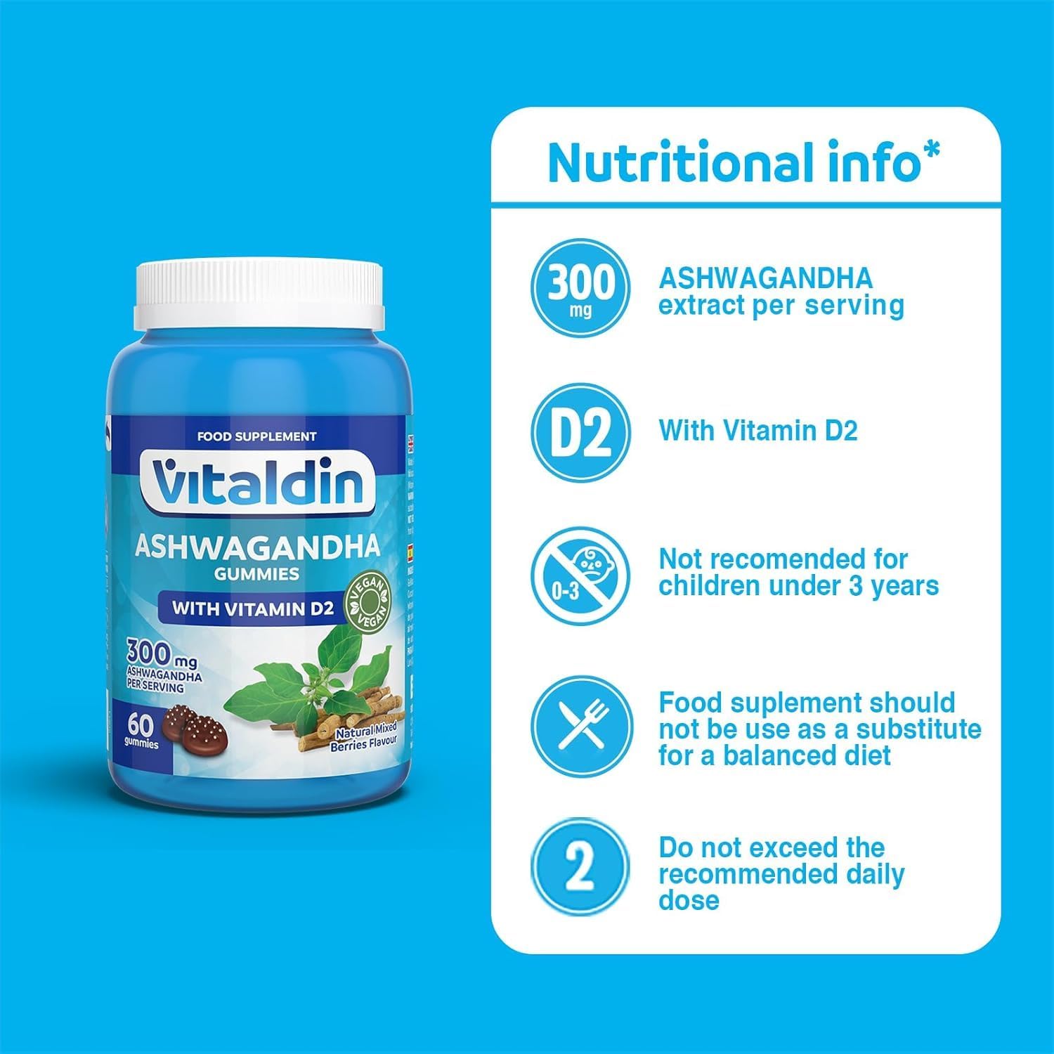 VITALDIN Ashwagandha Gummies – 300 mg d'extrait de Racine d'Ashwagandha KSM-66 & 1.000 UI Vitamine D2 – 60 gommes (pour 1 mois) Goût Fruits Rouges – Adaptogène Anti-stress; Calme et Relaxation – Vegan