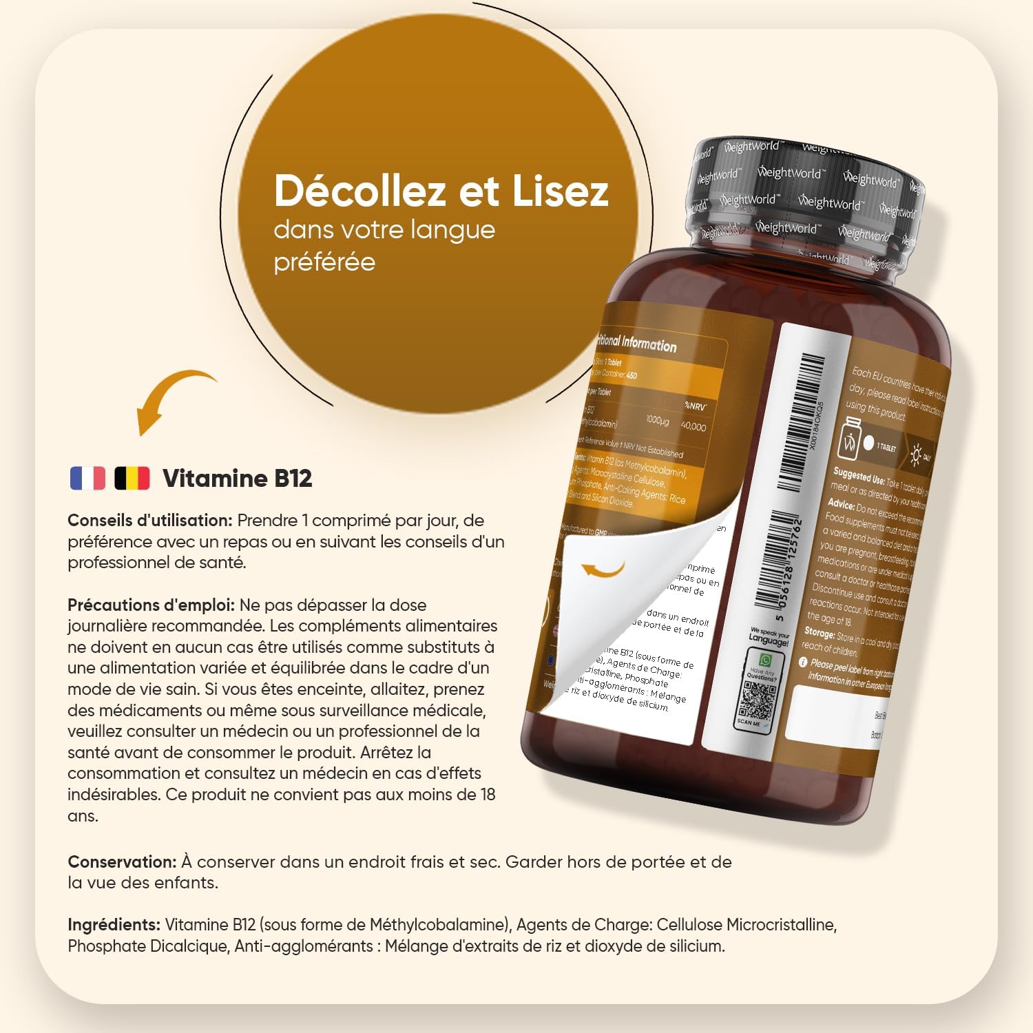 Vitamine B12 Vegan 1000mcg, 450 Micro Comprimés Méthylcobalamine Biodisponible - La vitamine B12 contribue à un métabolisme énergétique normal & au fonctionnement normal du système nerveux (EFSA)