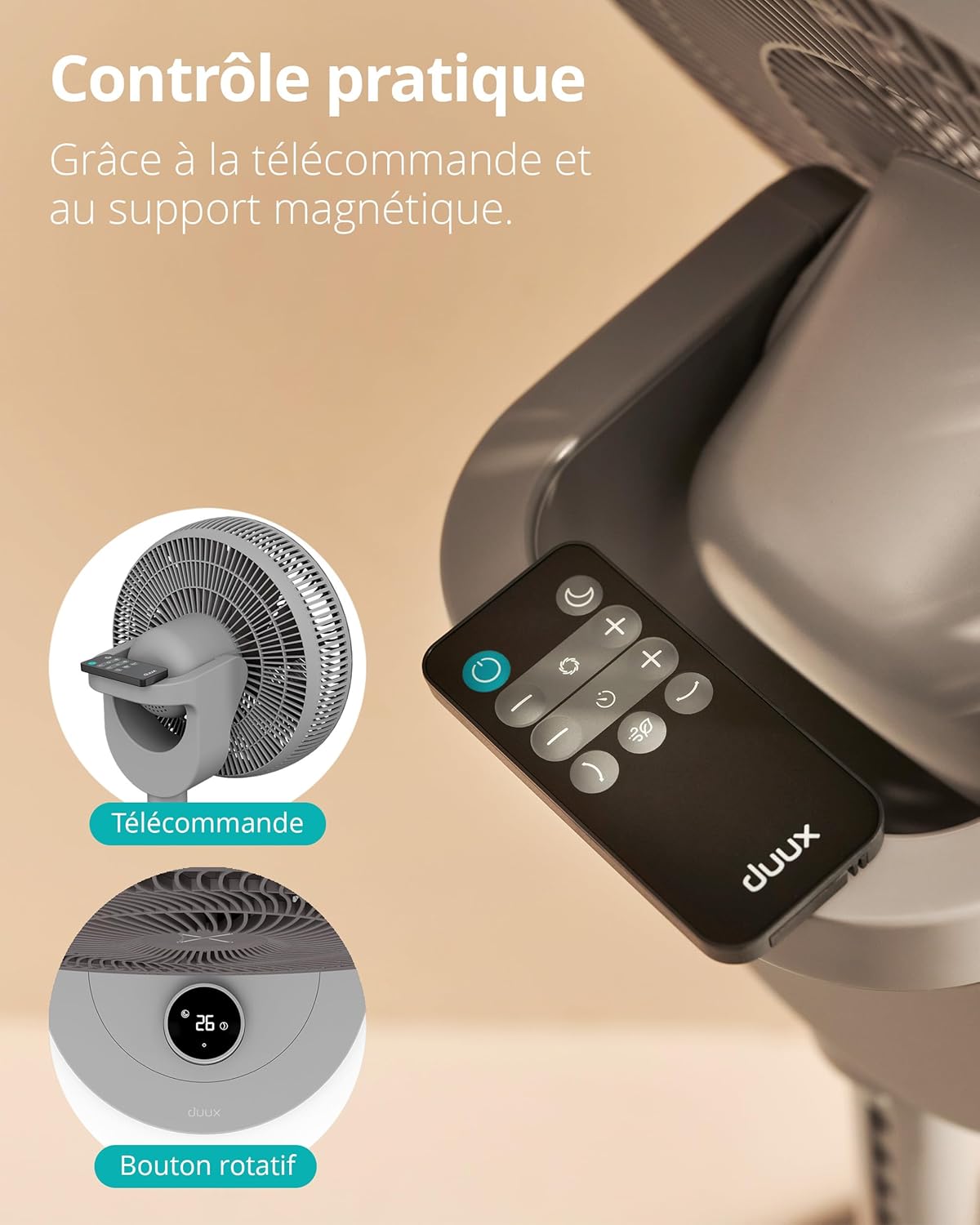Duux Whisper 2 Gris - Ventilateur silencieux sur pied - Ventilateur sur pied avec télécommande, Minuterie et 26 vitesses - Hauteur réglable 73-95 cm - Oscillation automatique