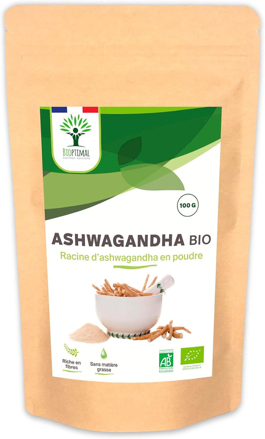 Bioptimal - Racines d'Ashwagandha Indien Bio en Poudre - Withania Somnifera 100% Pur - Sommeil Anti-Stress Libido Adaptogène - Contrôlé et Conditionné en France - Certifié Ecocert - 100g