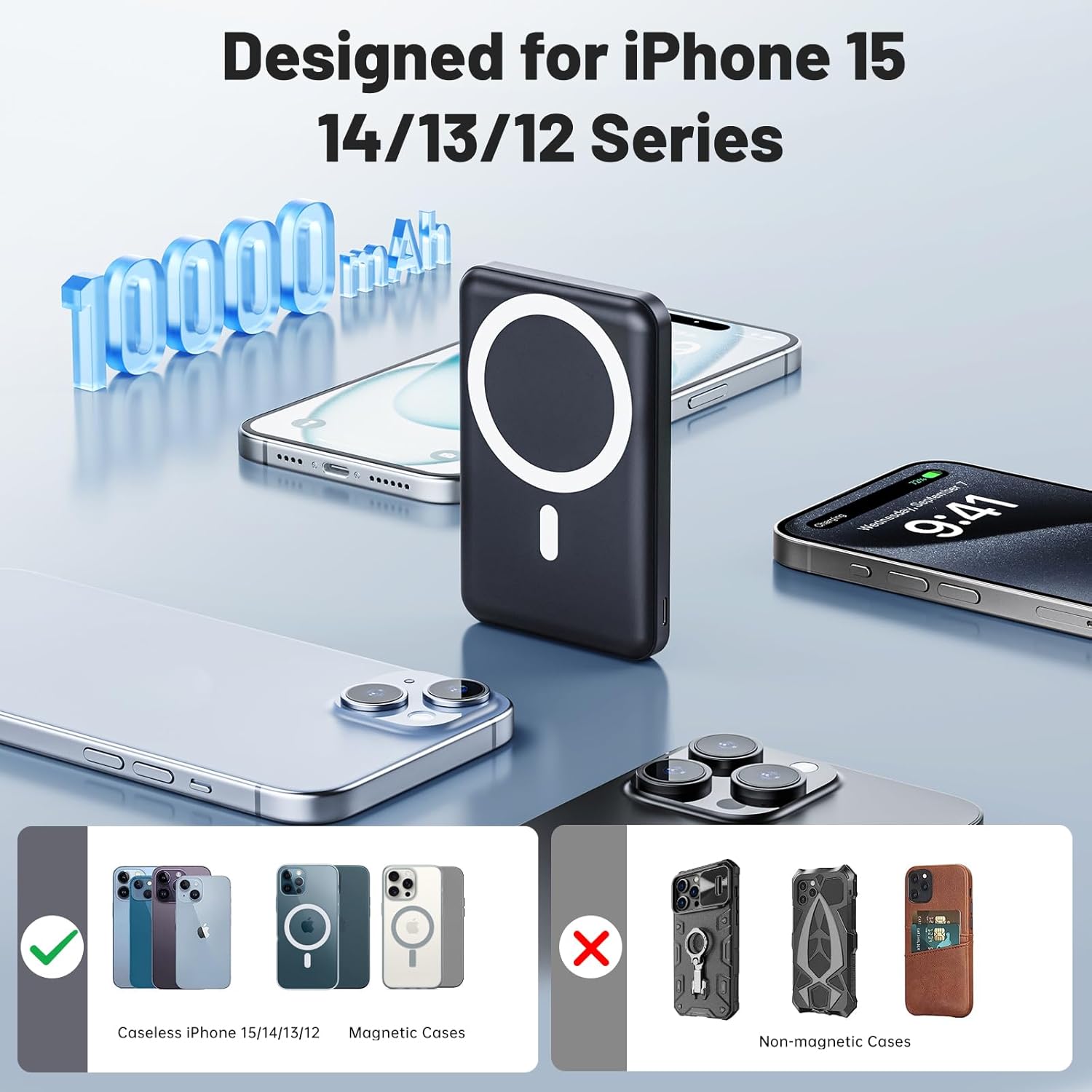 AOGUERBE Batterie Externe avec Magsafe, 10000mAh Power Bank Magnetique sans Fil PD 22.5W Charge Rapide Powerbank USB-C Pliable Chargeur Portable Compatible avec iPhone 16/15/14/13/12/ Pro/Mini/Pro Max