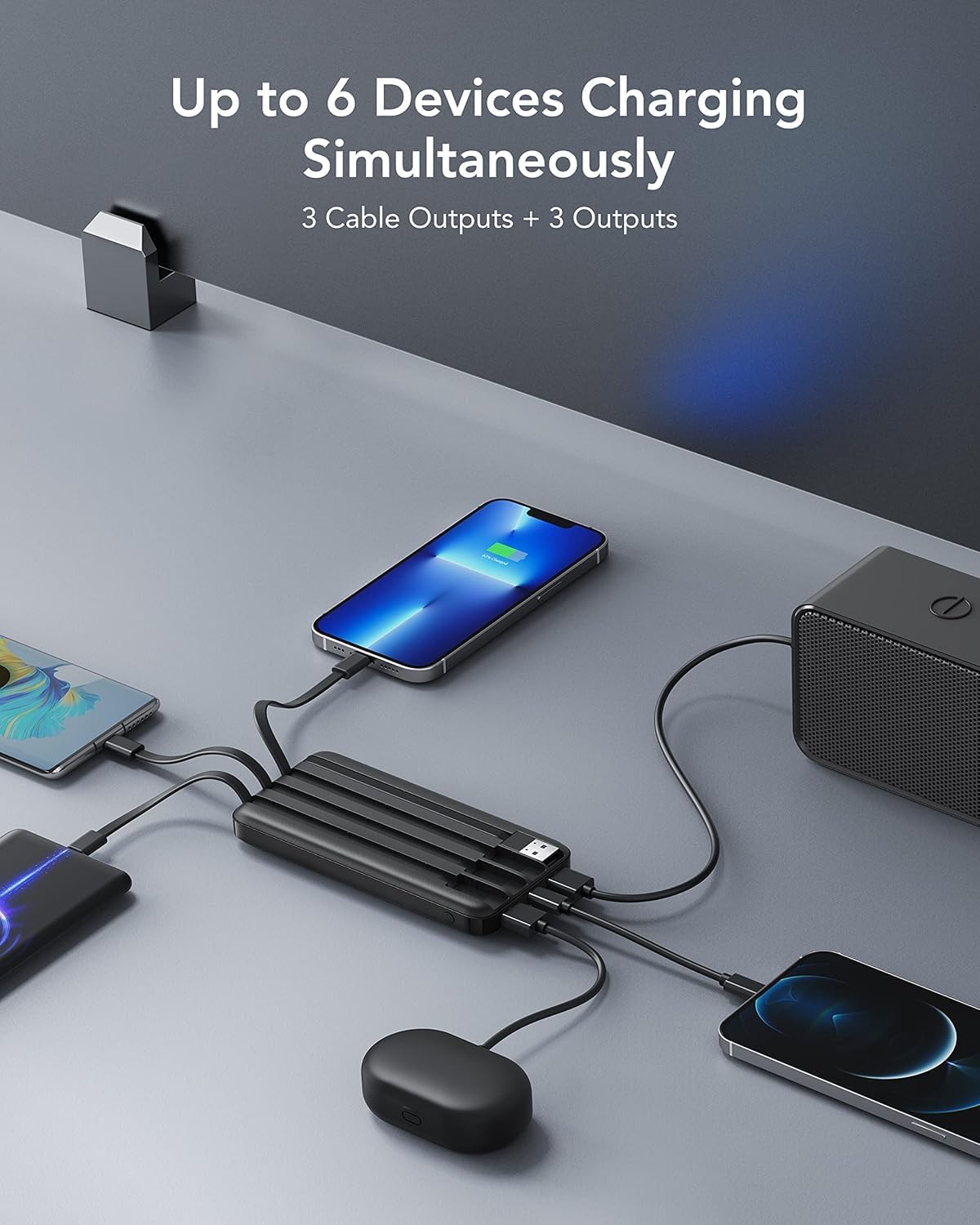 Charmast Batterie Externe 10000mAh avec 4 Câbles Intégrés Batterie Portable USB C Mince Power Bank avec 6 Sorties et 3 Entrées pour iPhone 12 13 11 Samsung S21 S22