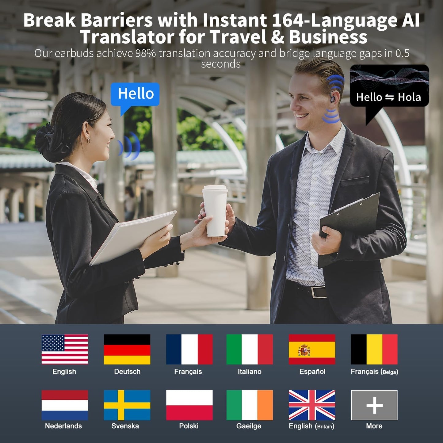 AI Ecouteur Traducteur Instantané, 50H Bluetooth 5.4 Oreillette Traducteur Instantané avec 164 Langues/6 Modes de Traduction, 3 in 1 AI Écouteur Traducteur Vocal Instantané pour Voyage/Affaires/Études