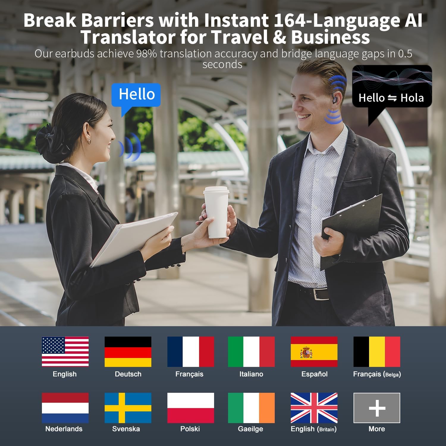 AI Ecouteur Traducteur Instantané, 50H Bluetooth 5.4 Oreillette Traducteur Instantané avec 164 Langues/6 Modes de Traduction, 3 in 1 AI Écouteur Traducteur Vocal Instantané pour Voyage/Affaires/Études