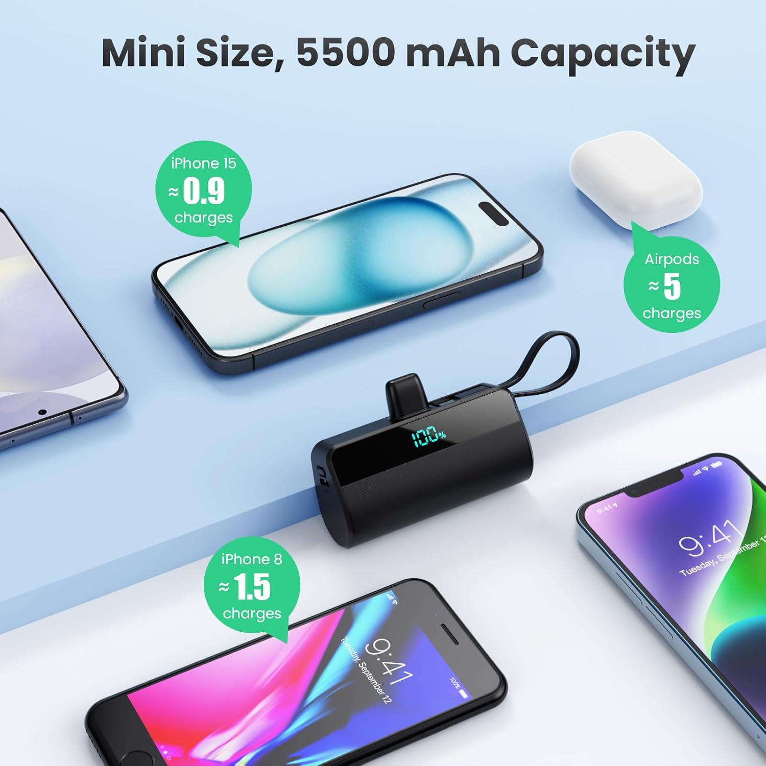 Batterie Externe pour iPhone, 5500mAh Mini Power Bank avec Câble USB C Intégrés, 20W PD Charge Rapide Chargeur Portable Écran LCD Batterie Portable Compatible avec iPhone 16/15/14/13/12/11/X/8/7/6 etc