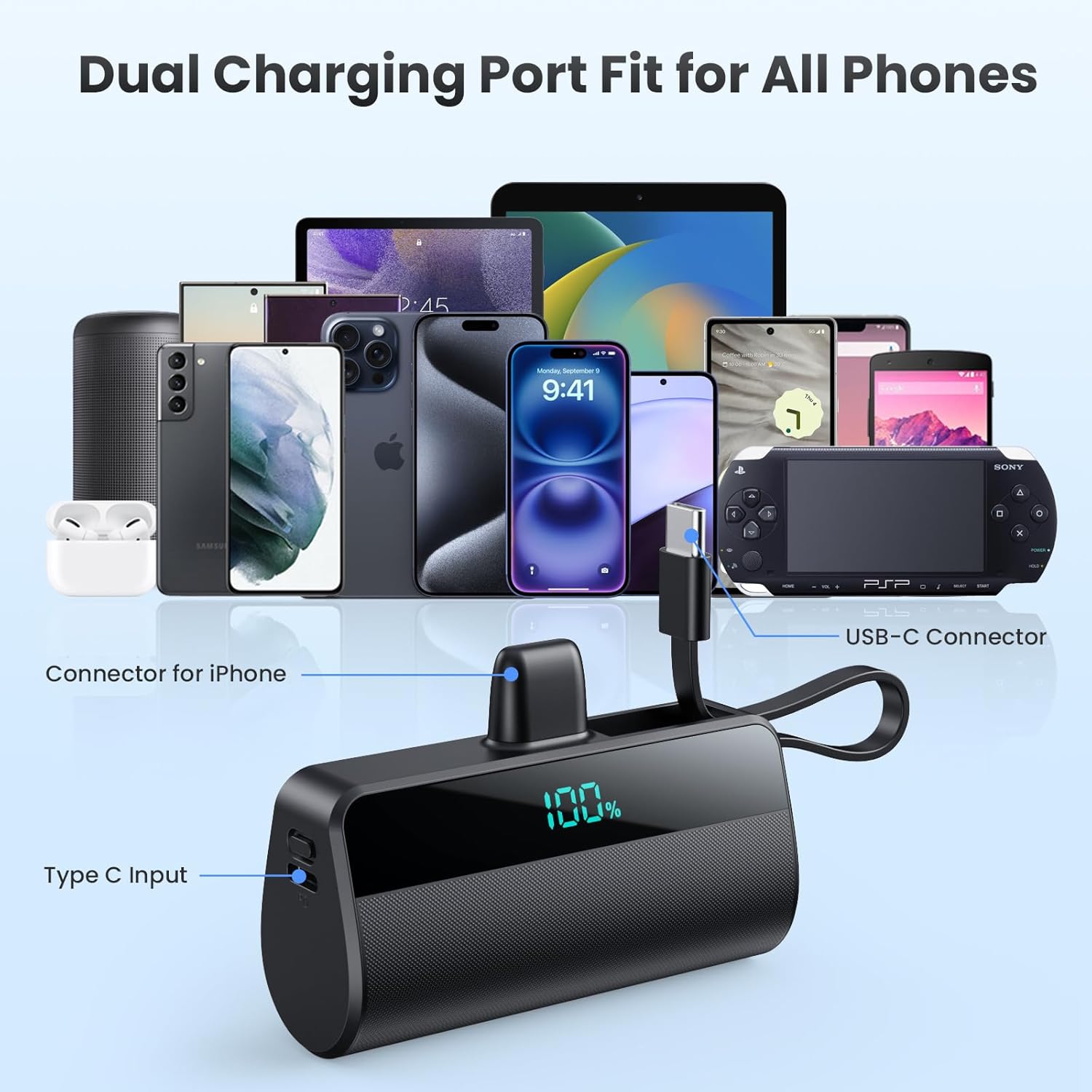 Batterie Externe pour iPhone, 5500mAh Mini Power Bank avec Câble USB C Intégrés, 20W PD Charge Rapide Chargeur Portable Écran LCD Batterie Portable Compatible avec iPhone 16/15/14/13/12/11/X/8/7/6 etc