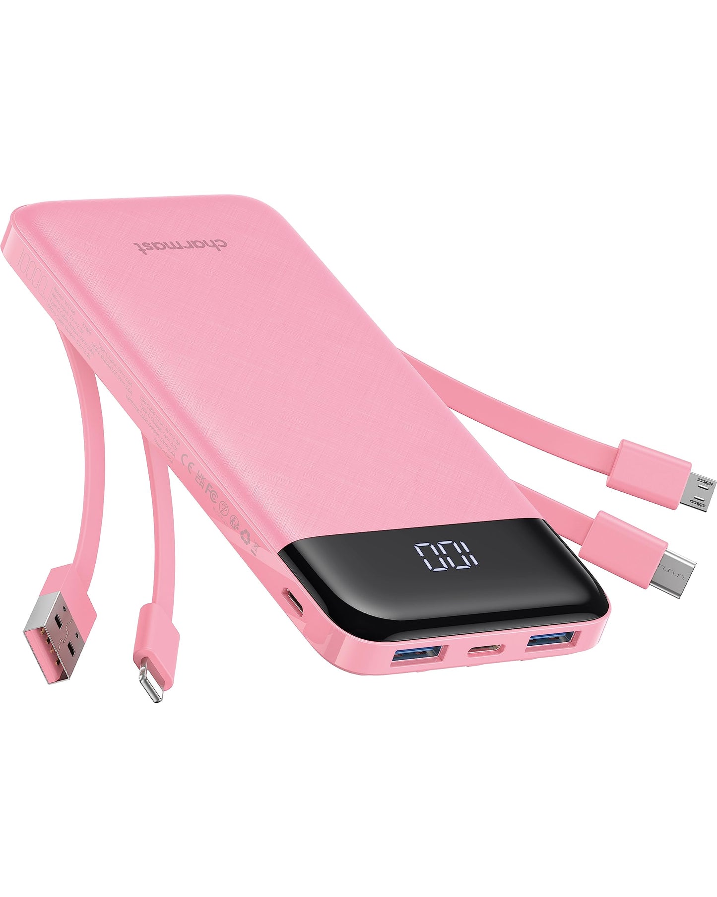 Charmast Batterie Externe 10000mAh avec 4 Câbles Intégrés Batterie Portable USB C Mince Power Bank avec 6 Sorties et 3 Entrées pour iPhone 12 13 11 Samsung S21 S22