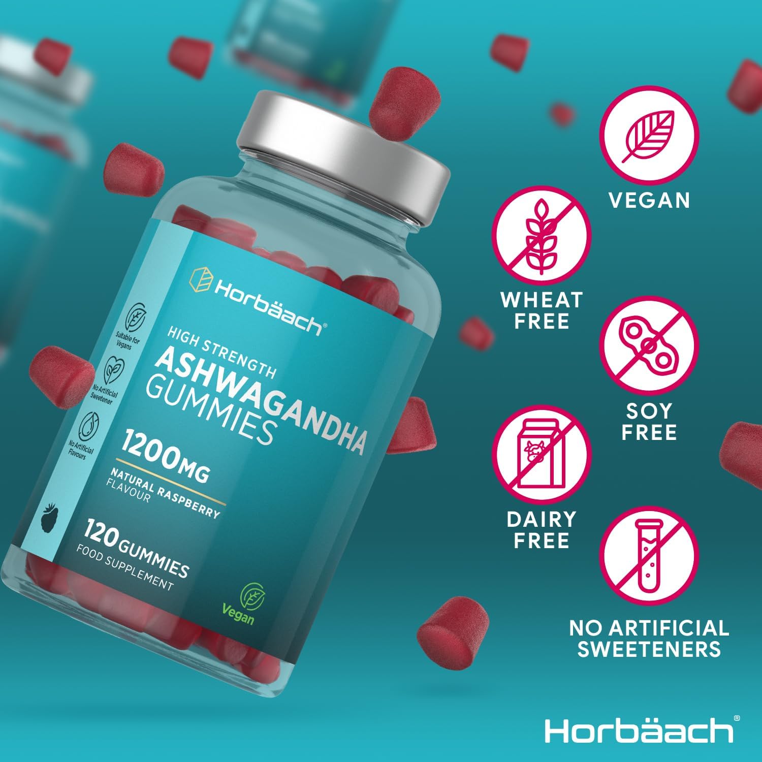 Ashwagandha Gummies 1200mg | 120 Vegan Gummies Saveur Framboise | pour 2 Mois | Extrait Ashwagandha Withania Somnifera | par Horbaach