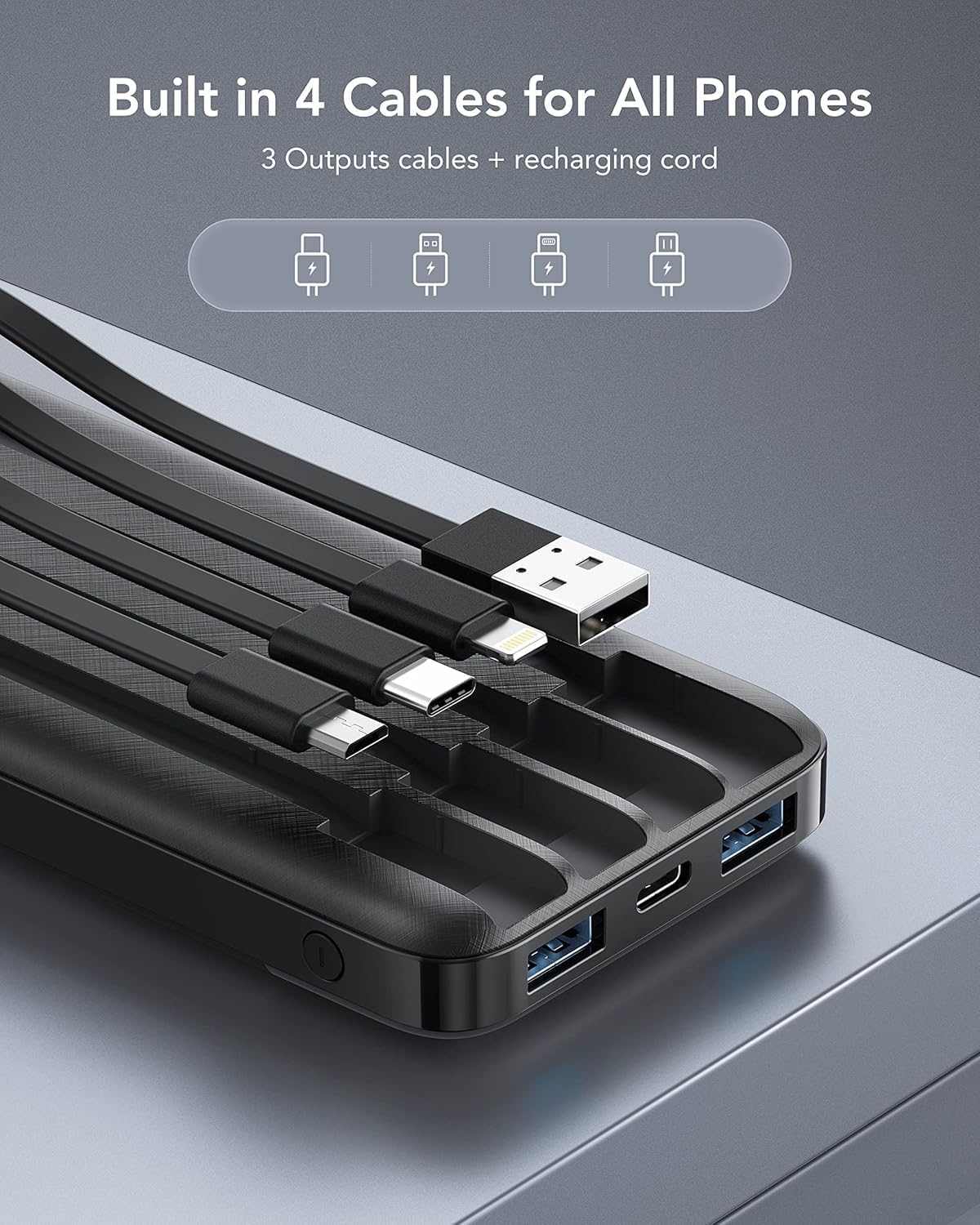 Charmast Batterie Externe 10000mAh avec 4 Câbles Intégrés Batterie Portable USB C Mince Power Bank avec 6 Sorties et 3 Entrées pour iPhone 12 13 11 Samsung S21 S22