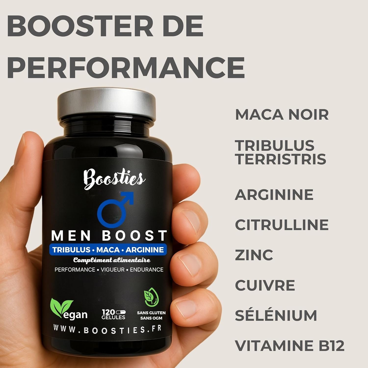 Maca noire, 4000 mg extra-fort, Tribulus terrestris, Arginine, Citrulline, Zinc, vitamin B12, Cuivre, Sélénium, Performance, Endurance, Vigueur, 120 gélules, Boosties