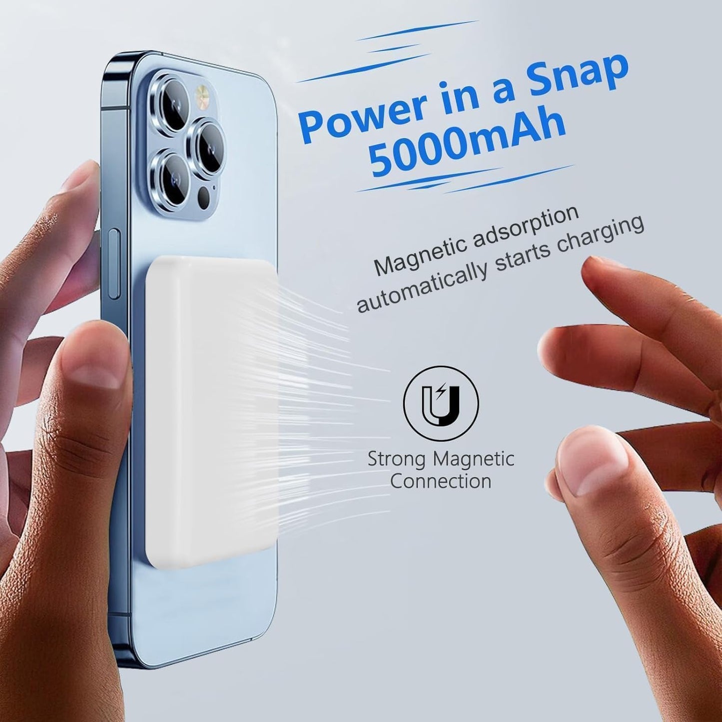 Batterie Externe Magnétique Power Bank sans Fil 5000mAh, PD 20W Charge Rapide Power Bank avec USB-C Entrée Chargeur Portable Compatible iPhone 16/15/14/13/12/Pro/Pro Max (Blanc)
