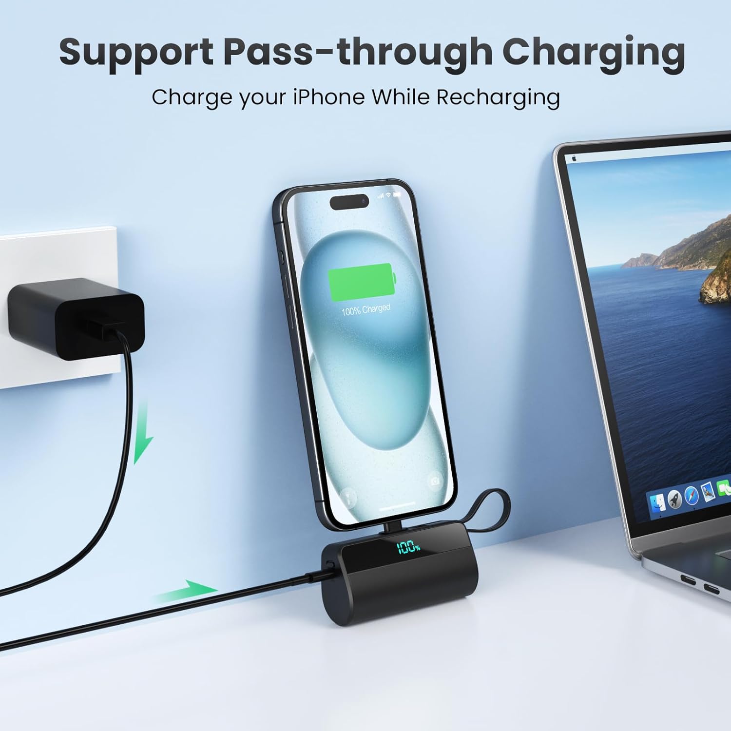 Batterie Externe pour iPhone, 5500mAh Mini Power Bank avec Câble USB C Intégrés, 20W PD Charge Rapide Chargeur Portable Écran LCD Batterie Portable Compatible avec iPhone 16/15/14/13/12/11/X/8/7/6 etc