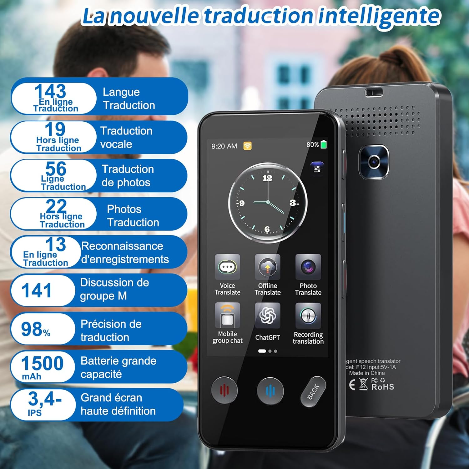 Appareil de Traduction Langue, Traducteur AI Intelligent de 143 Langues avec,Traduction Hors Ligne et Traduction Bidirectionnelle Instantanée,apprendre les cadeaux d'affaires de voyage